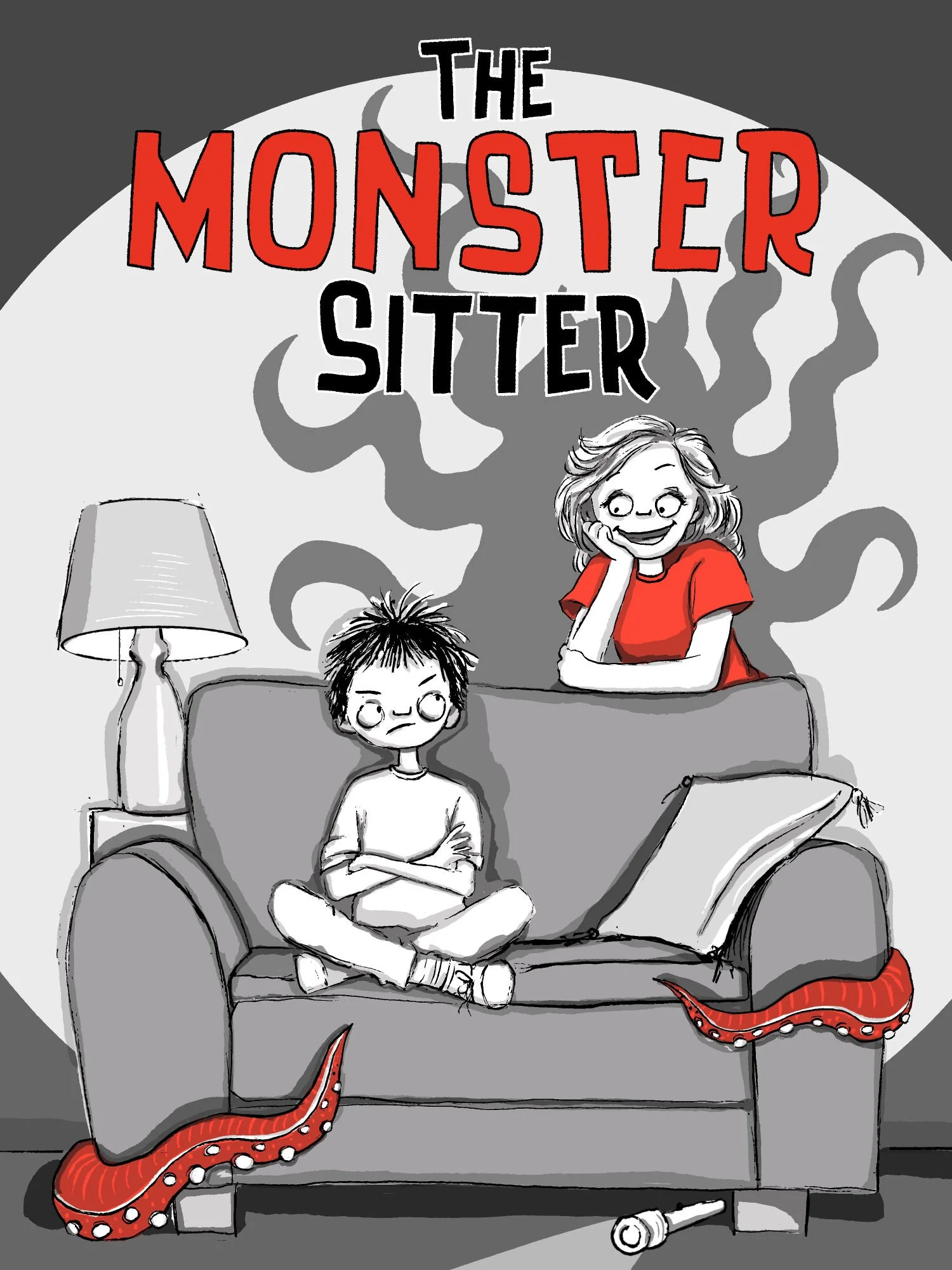 Illustration by Aly Indermühle of a sulky boy on a couch next to a smiling babysitter with tentacles emerging behind her and from under the couch, with the title The Monster Sitter in hand lettered text.