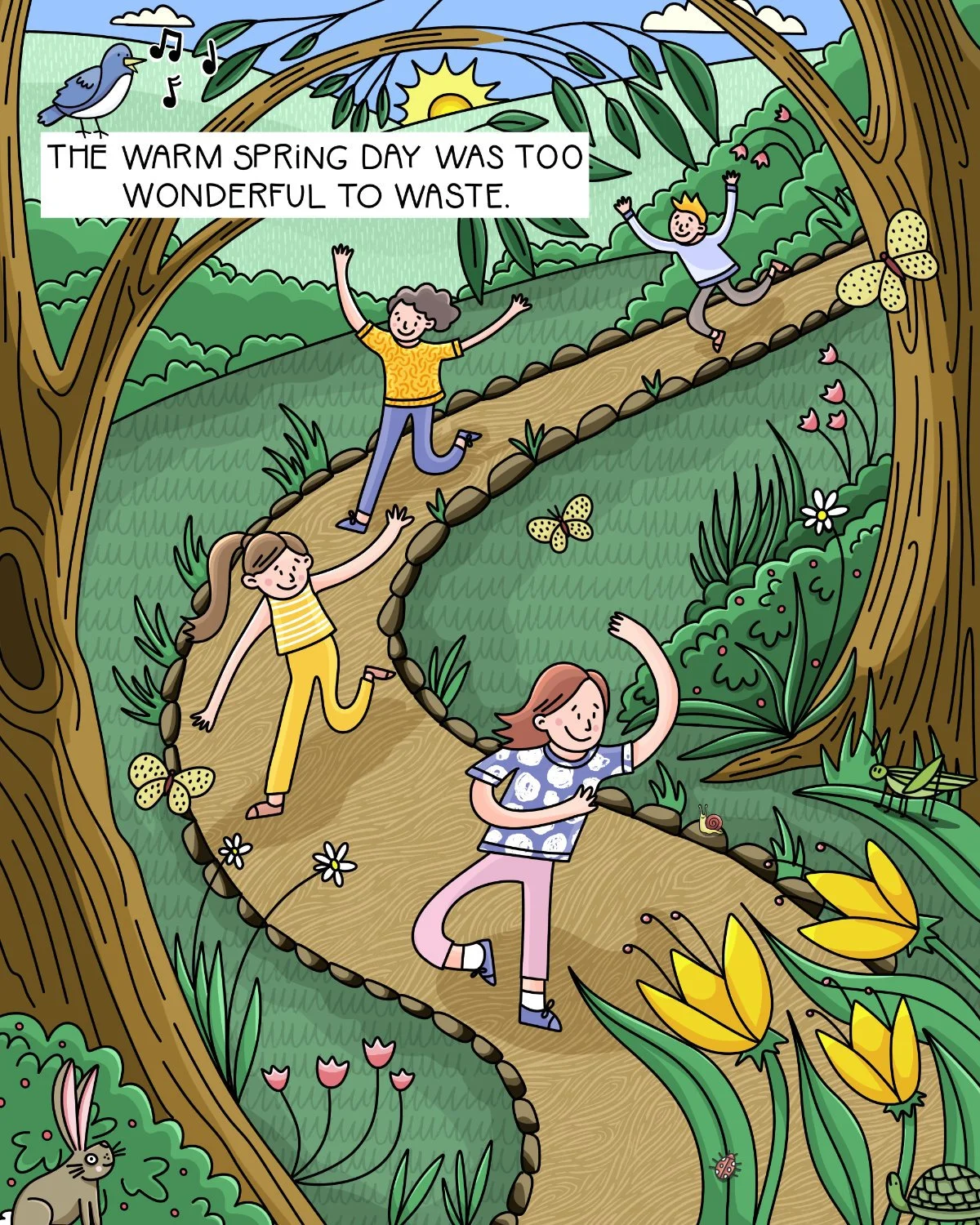 Four children joyfully running along a winding dirt path through a lush, green forest with trees, flowers, insects, and a bird singing.