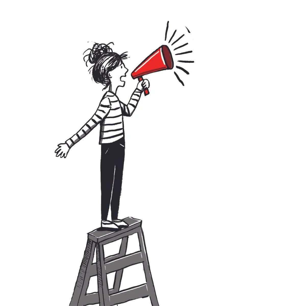 Illustration by Aly Indermühle of a girl standing on a step stool holding a red megaphone, in her signature black, white, and red ink style.