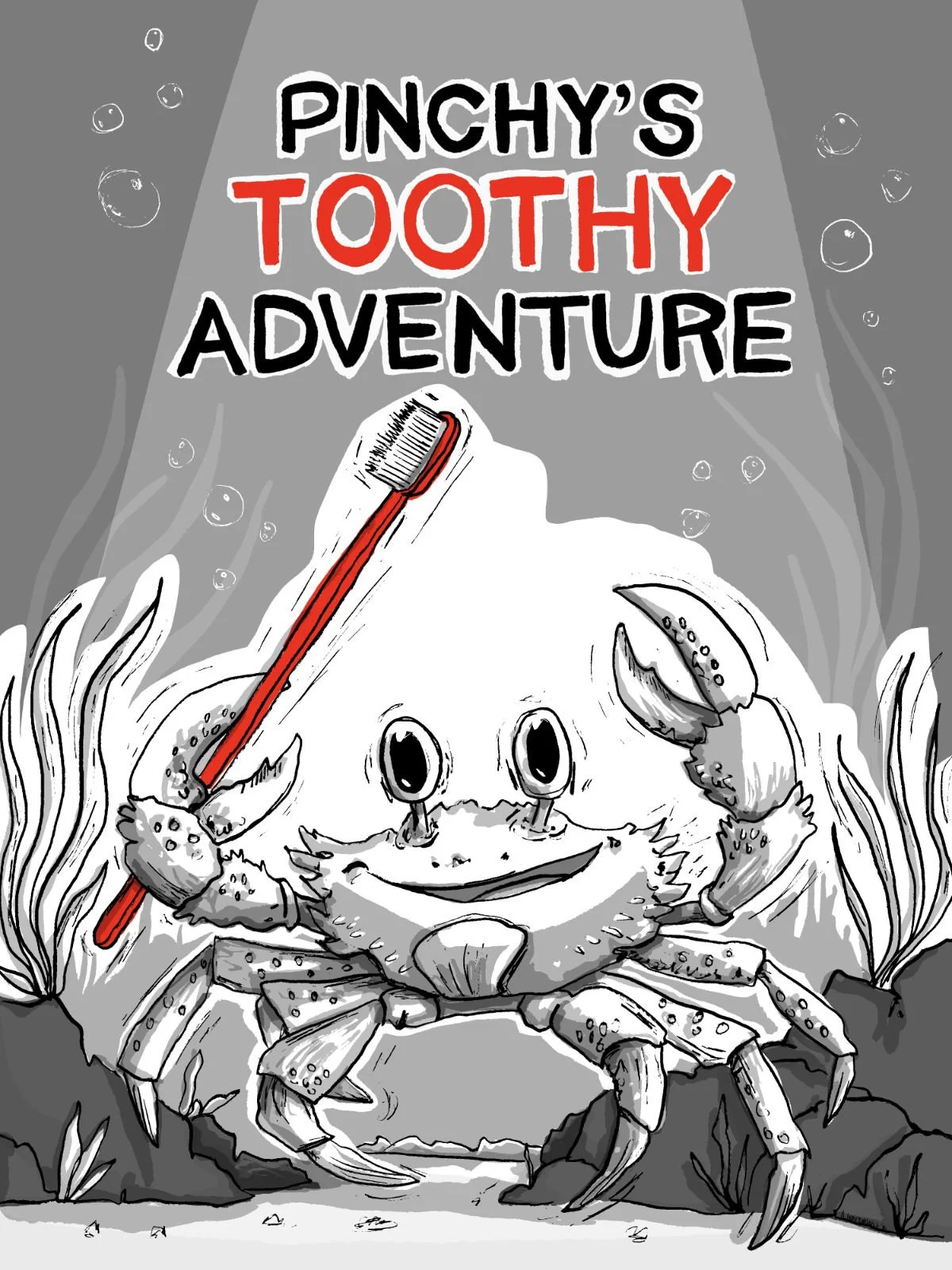 Illustration by Aly Indermuhle of a crap holding a red toothbrush. Children's book illustration cover.