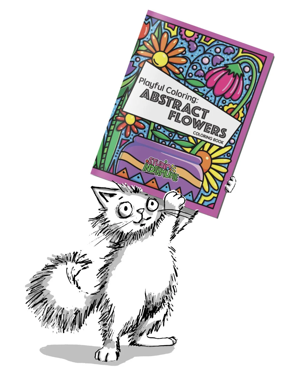 An illustrated cat standing on its hind legs, holding a colorful abstract flowers coloring book titled "Playful Coloring: Abstract Flowers by Studio Indermuhle" in front of it.