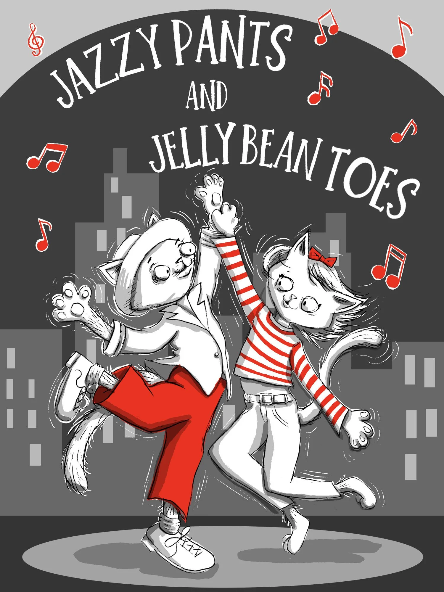 Illustration by Aly Indermühle of two stylish cats dancing on a city stage, one wearing red pants and a hat, the other in a red striped top with a bow, surrounded by red musical notes, titled Jazzy Pants and Jellybean Toes in hand lettered white text