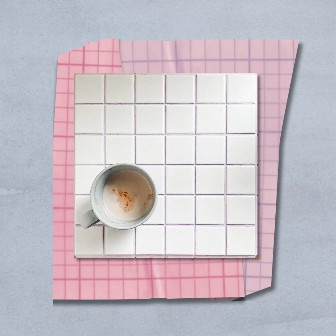 “Ode to bedside table”
Quick digital collage featuring my (sort of) new bedside tables. White tiles, lilac grout and my second favourite sensory beverage: warm milo milk.