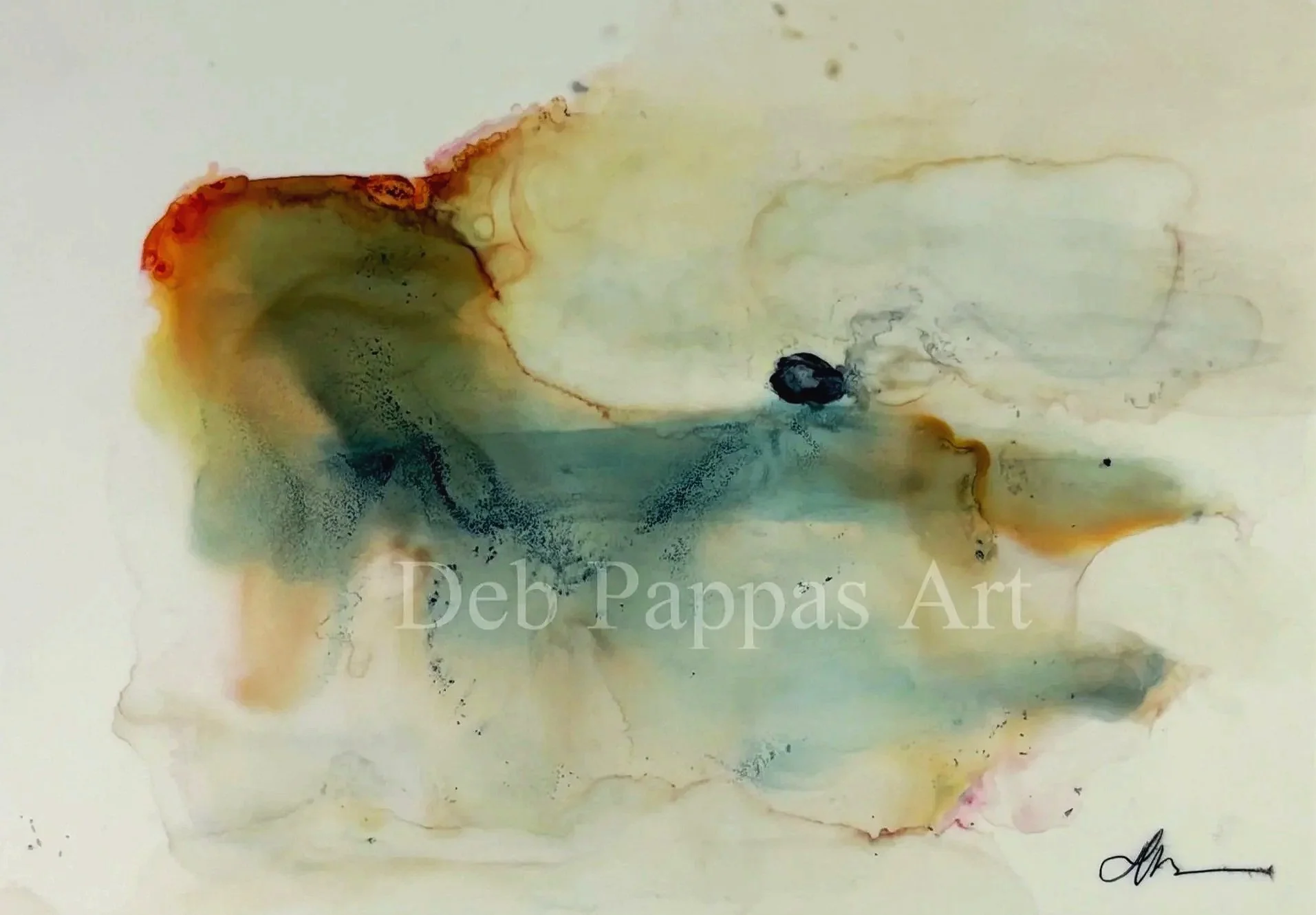 Abstract watercolor painting with soft blending of yellow, orange, green, and black hues, featuring fluid shapes and a signature in the bottom right corner.