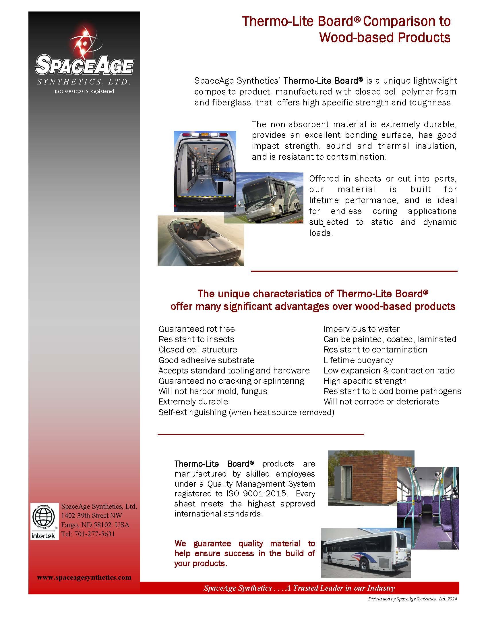 Company brochure for SpaceAge Synthetics, showcasing Thermo-Lite Boards and their applications in vehicles and buildings. Contains images of an interior ambulance, a bus, and a bus interior, with contact information and statements about product durability and standards.