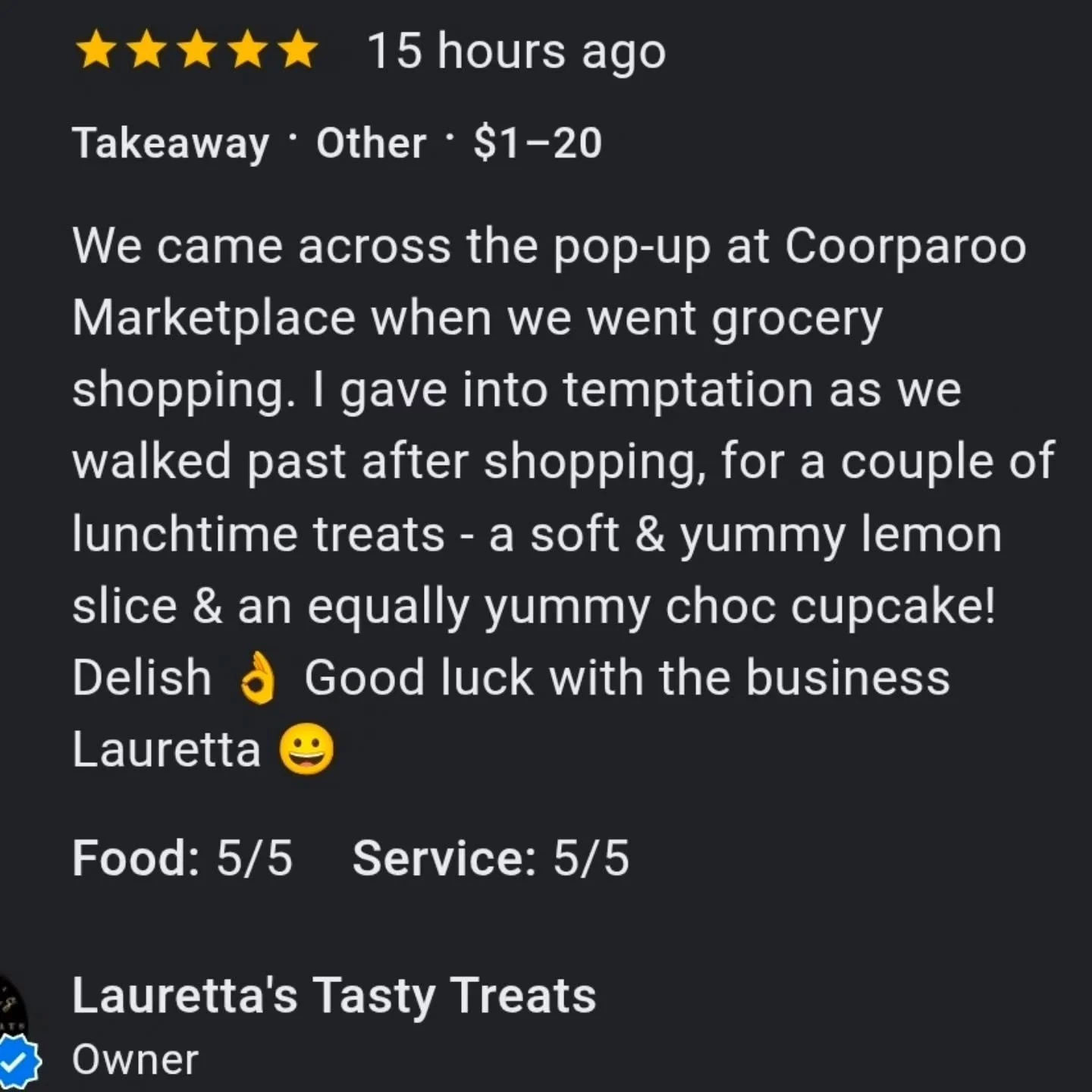 'soft and yummy lemon slice and equally yummy choc cupcake! Delish'

Thank you for stopping by after doing your groceries 😄 

Keep an eye out on our page to see when we will be popping up next 🧁🍪🍫🍋