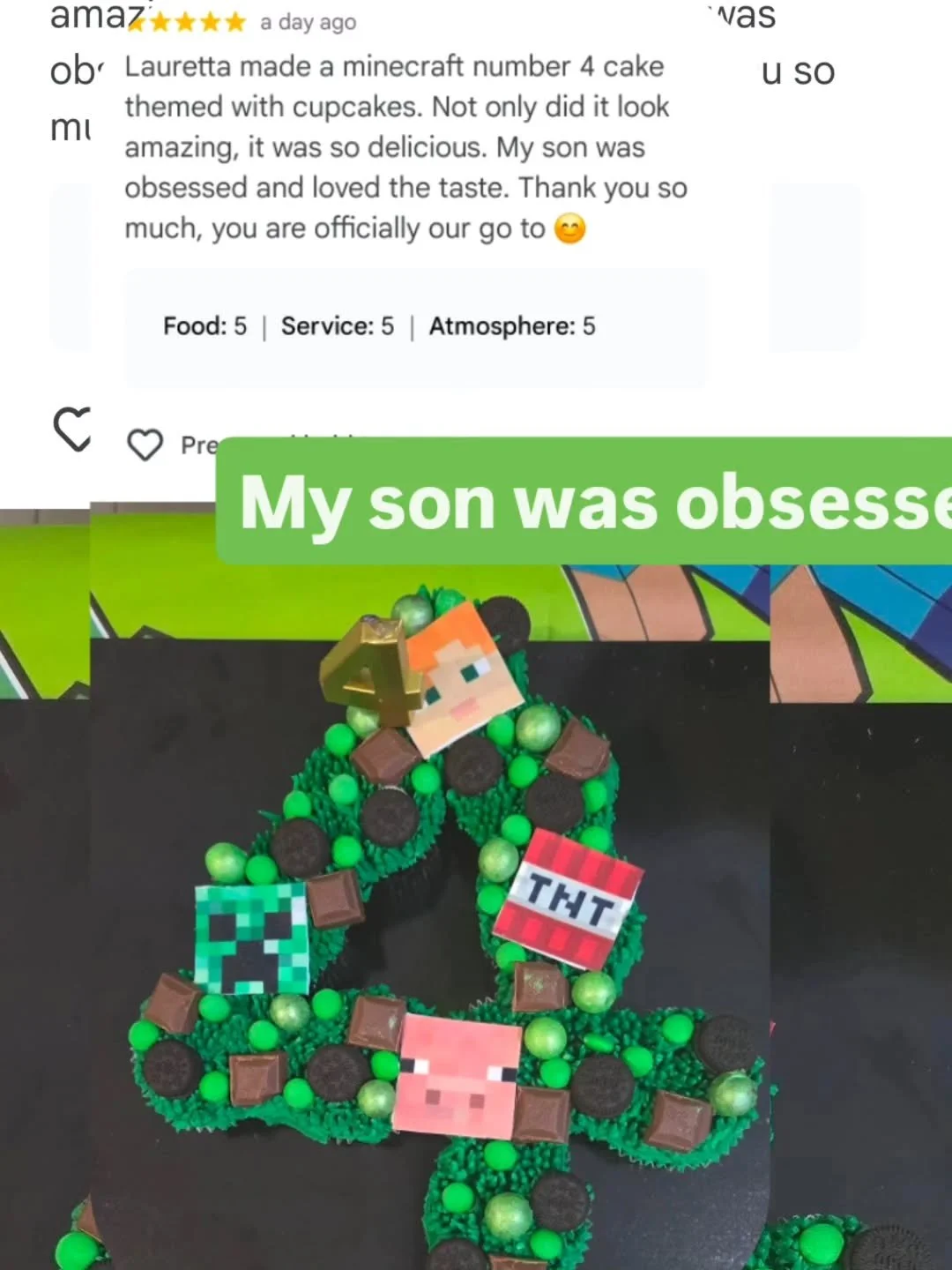 'Lauretta made a Minecraft number 4 cake themed with cupcakes. Not only did it looks amazing, it was so delicious. My son was obsessed and loved the taste. Thank you so much, you are officially our go to ☺️'

Get in touch if you would like your visio