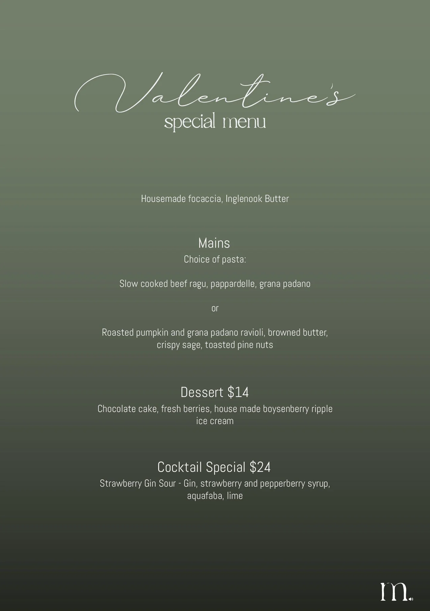 Come and celebrate the love with us this Valentine&rsquo;s Day ❤️

Join us for a relaxed evening with a two-course dinner featuring house-made focaccia and your choice of handmade pasta.

Sip on our favourite Strawberry Gin Sour, or explore our selec