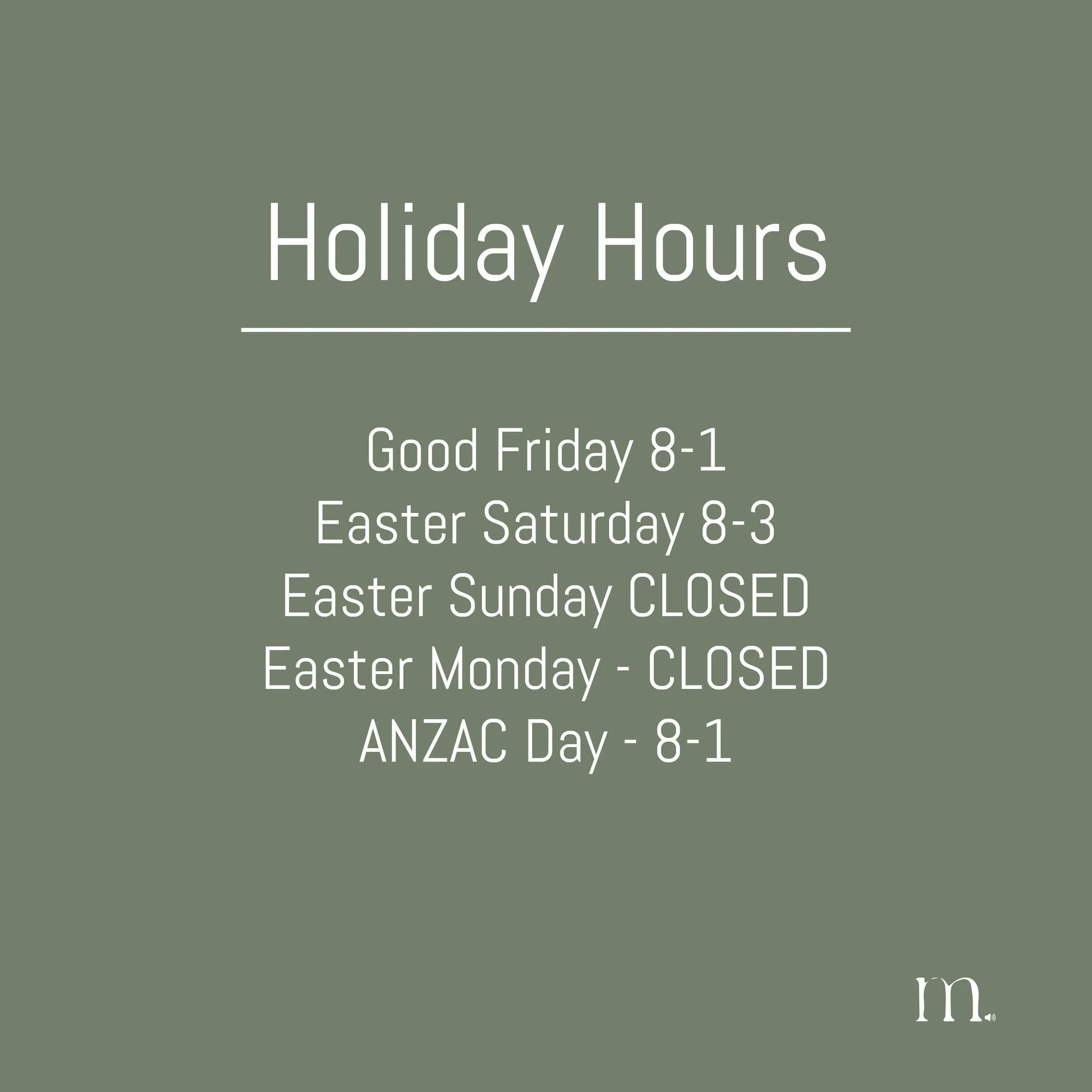 As we head into the Easter long weekend, join us for coffee, breakfast, and a slower start to the day.
Here are our trading hours across the weekend. Whether you&rsquo;re stopping by after a walk around the lake or catching up with friends and family