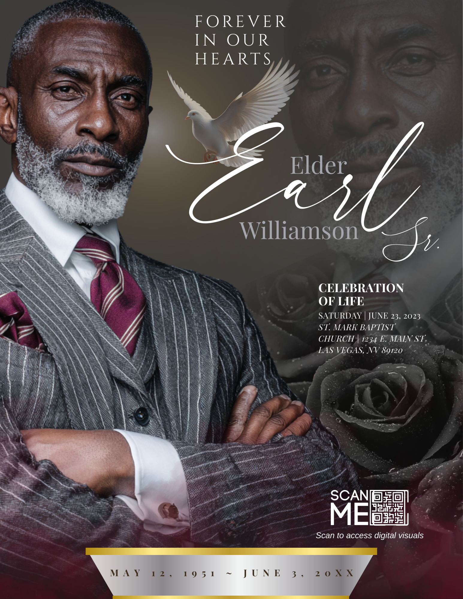 mens black, gold and white obituary template .png