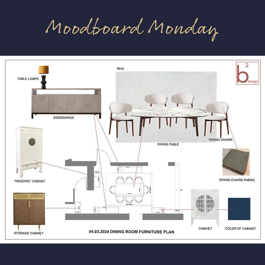 Moodboard Monday!⁠
⁠
Here's a design board for a dining room that we are currently working on. The client wanted a mix of contemporary furniture and traditional Asian pieces, with a touch of glamour thrown in. We'll share photos when it's all done!⁠
