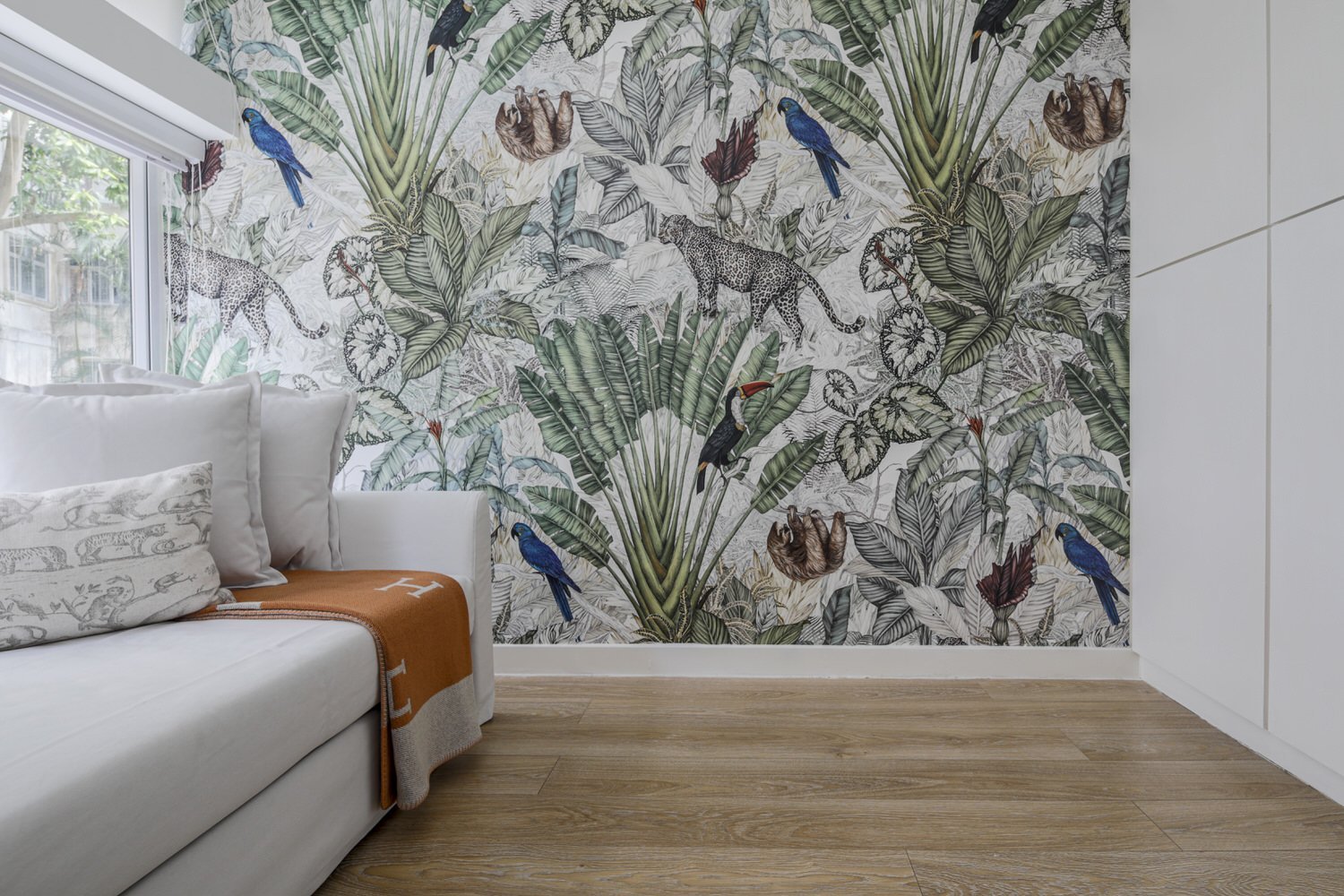 Hong Kong Interiors – Mid Levels guest bedroom interior design jungle wallpaper hermes throw blanket