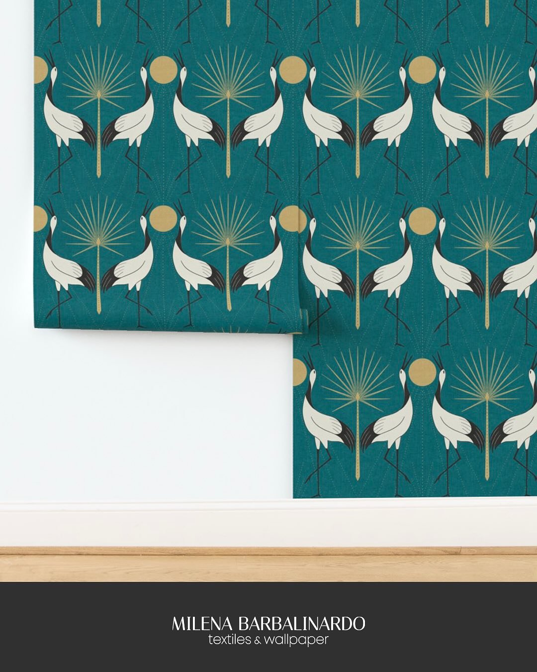 Here&rsquo;s my entry for this week&rsquo;s @spoonflower Design Challenge: Art Deco, featuring elegant cranes and stylized palm motifs in a bold turquoise palette.

This design is available in 10 colorways and 2 scale options in my shop, ready for wa