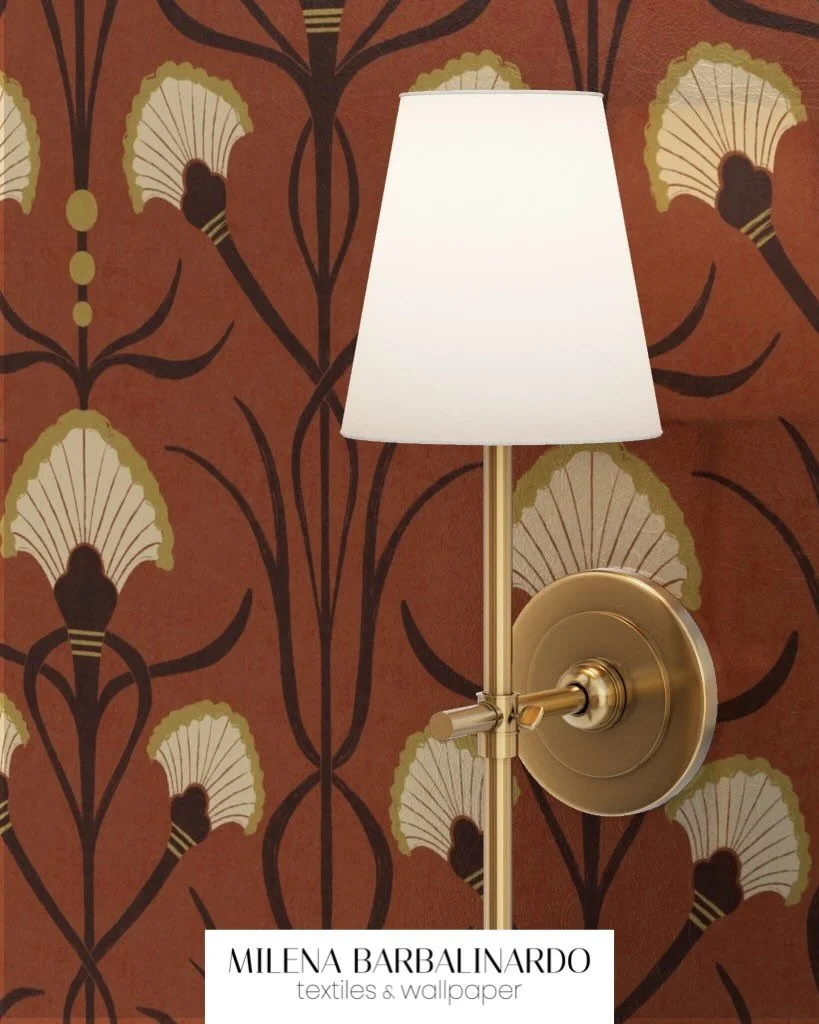 I&rsquo;m sharing my design for the @spoonflower Retro Nouveau challenge. 

I wanted to work with a classic Art Nouveau structure, long, curved stems and a stylized fan flower, keeping the palette warm and slightly retro.
It&rsquo;s a pattern that fe