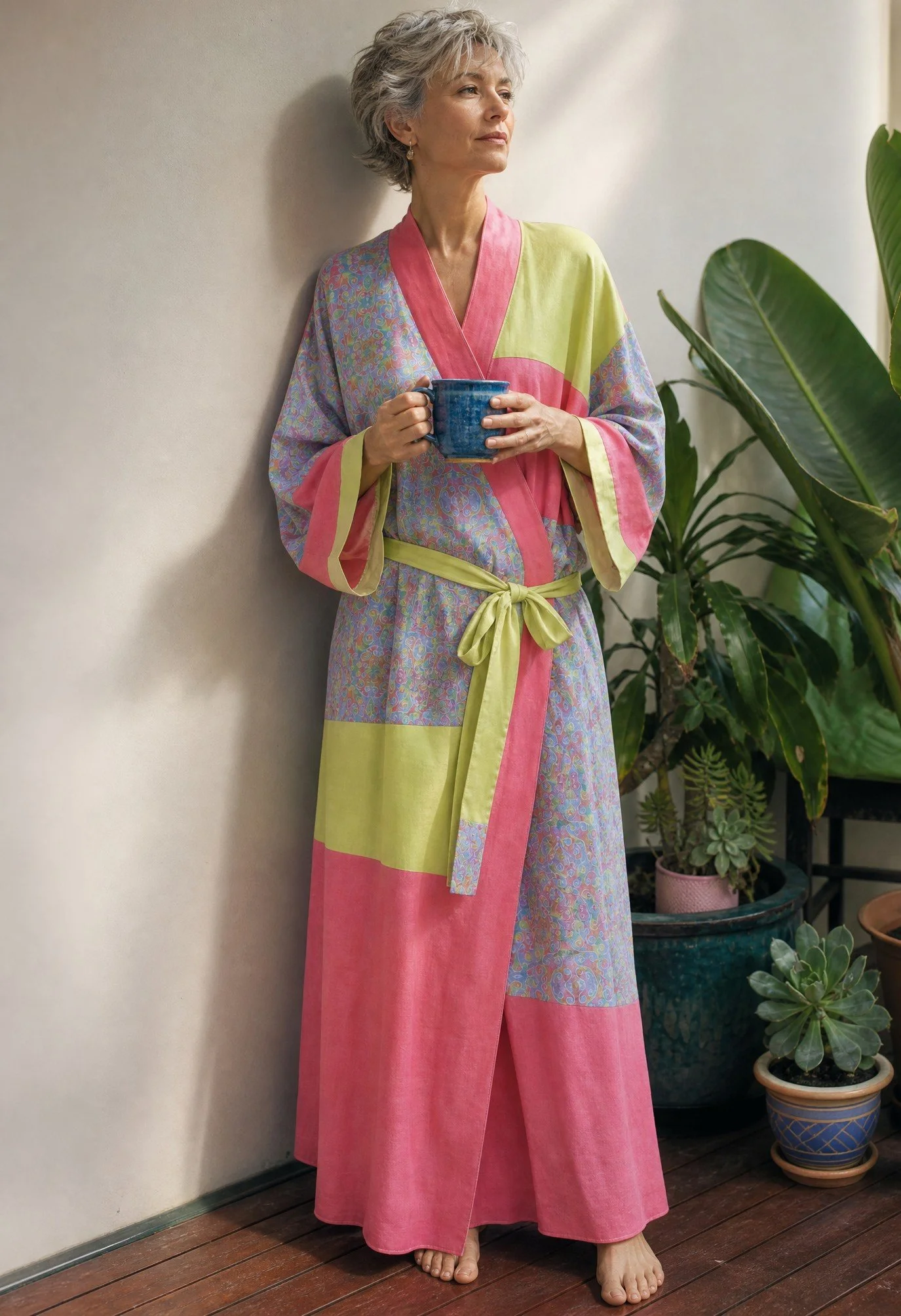 Kimono style dressing gown - coral, lime and rainbow.
