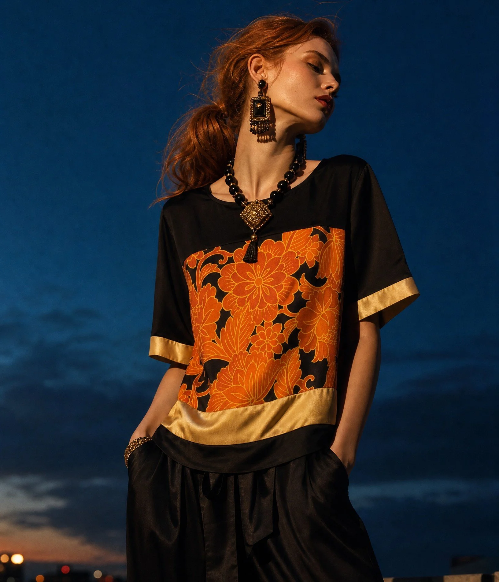 Vintage kimono fabric and silk top - black and orange - XS