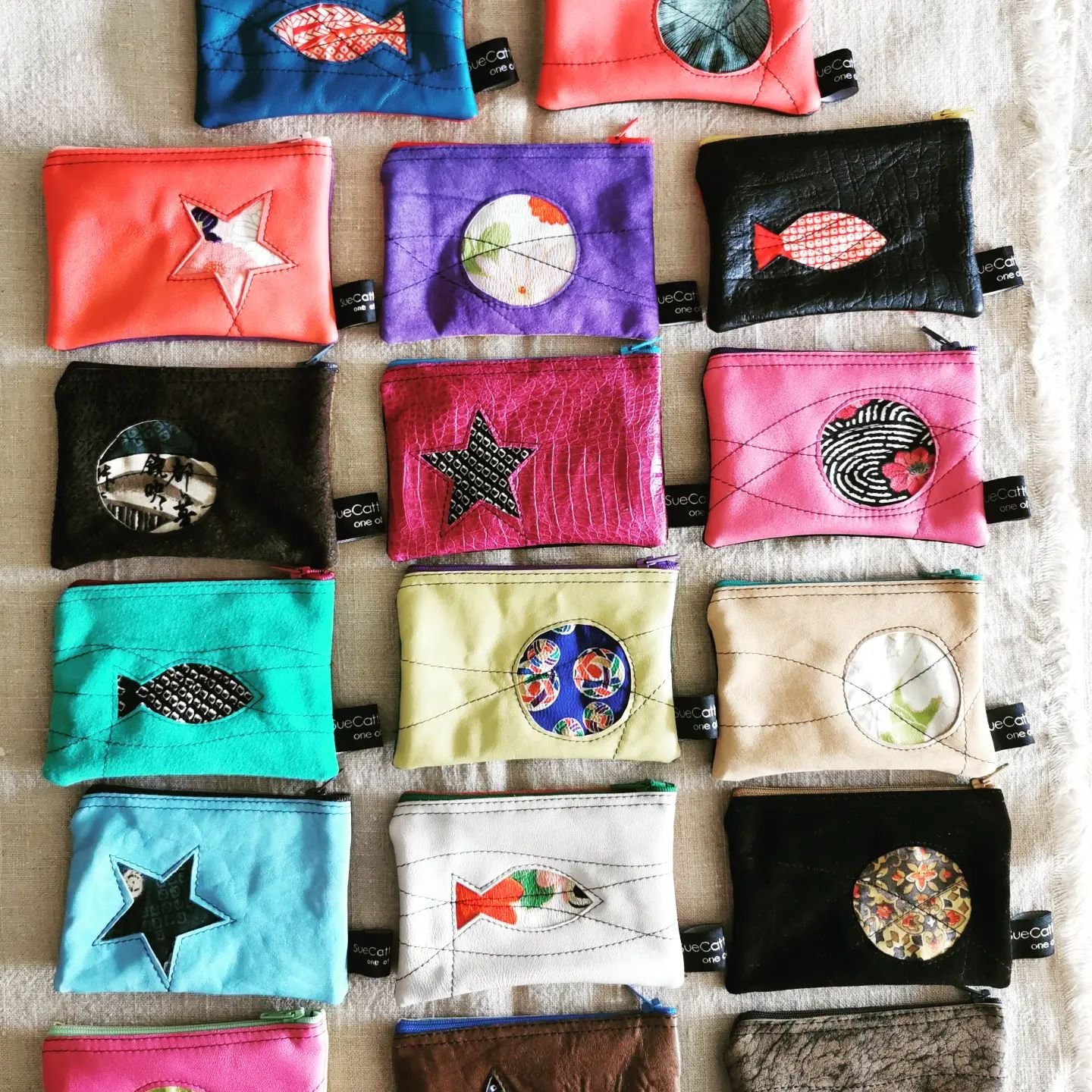 Latest batch of my popular coin purses. Using scraps of vintage kimono fabrics and new + upcycled leather from old jackets. I've been making these for many years with repeat purchases by people buying as gifts and for themselves. I understand many of