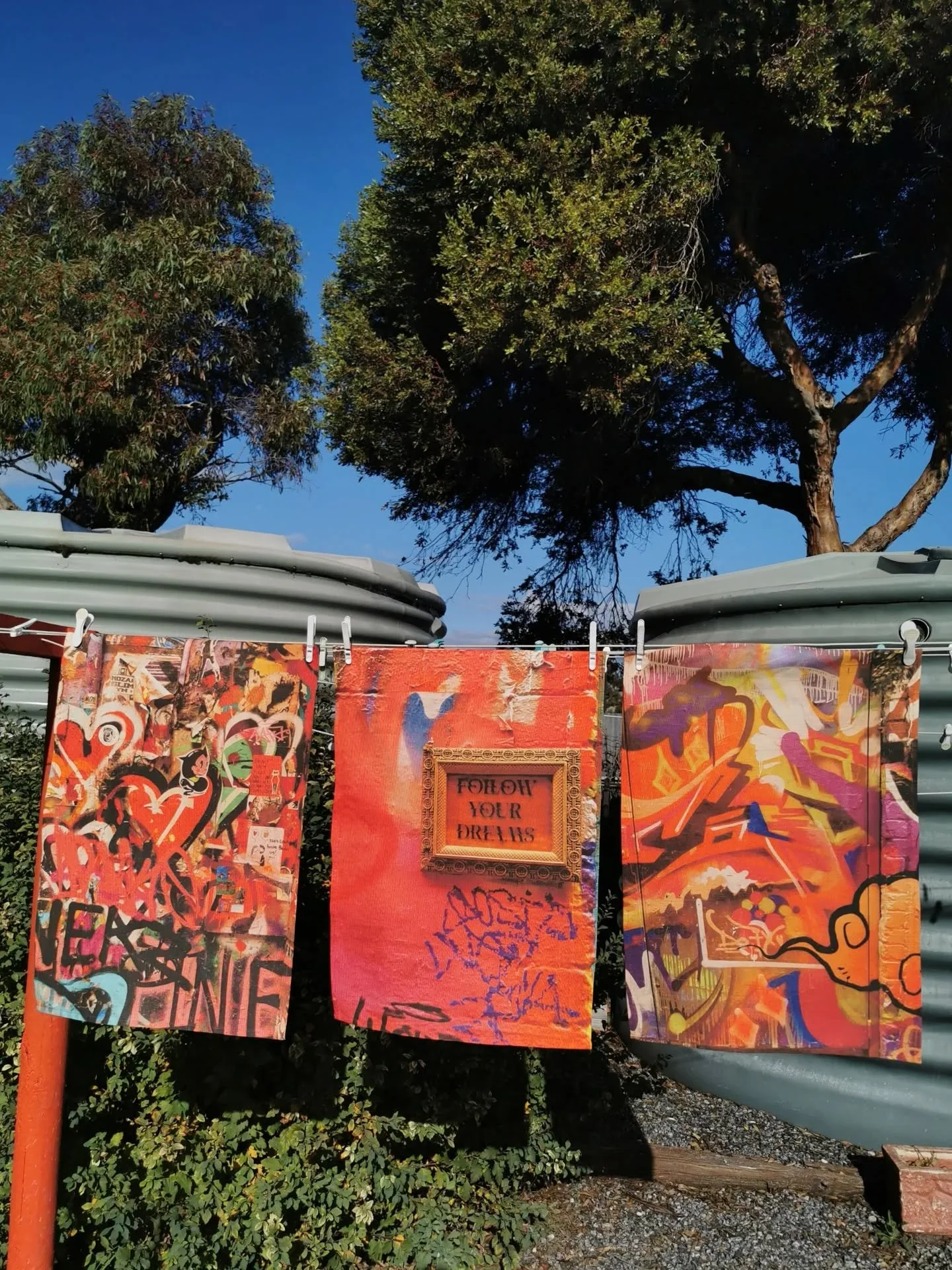 Hey look at this - a bold graffiti style trio of teatowels. Using photos taken whilst wandering Hozier Lane, Melbourne, last year. I've captured a snapshot of the ever evolving colourful walls with their layers of paint, stickers and adornments. I lo
