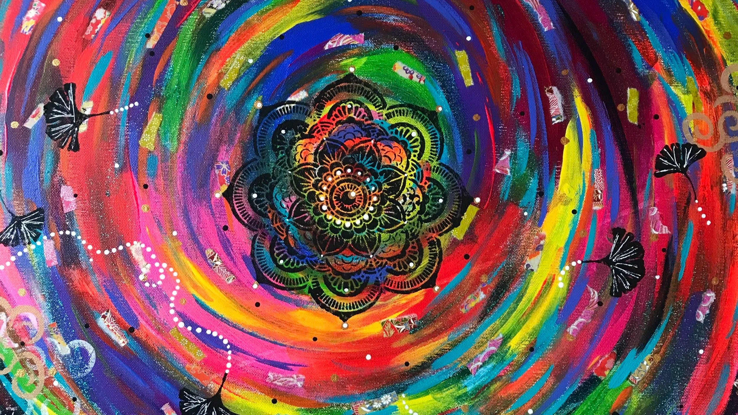 Colorful abstract painting with rainbow-colored concentric circles, black and white butterflies, and decorative patterns.