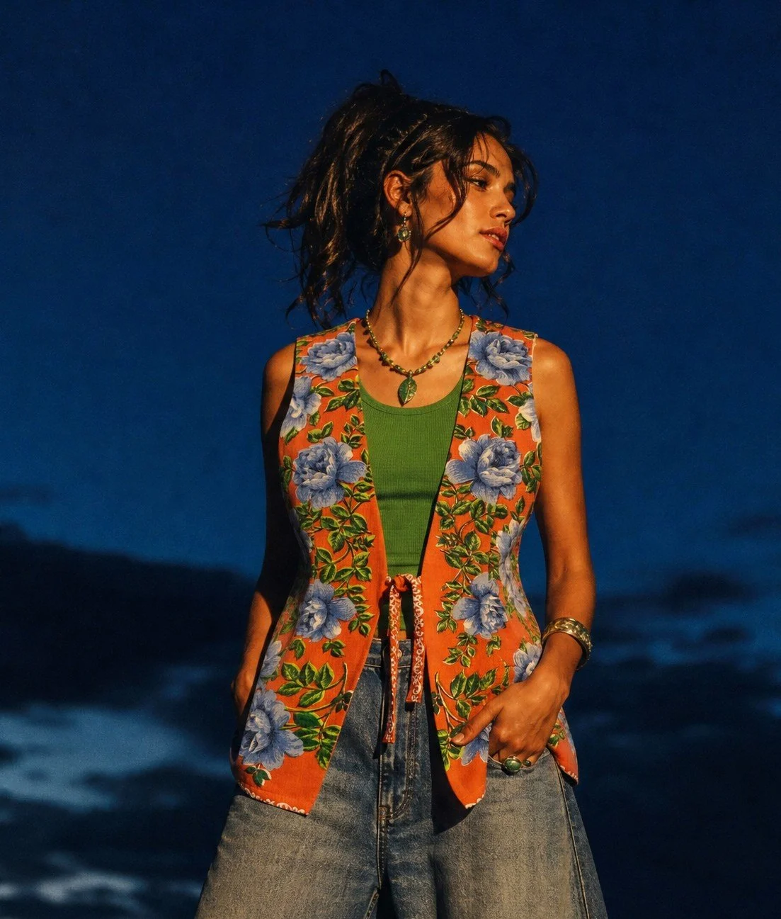 Vintage tablecloth vest - orange with blue roses - 10