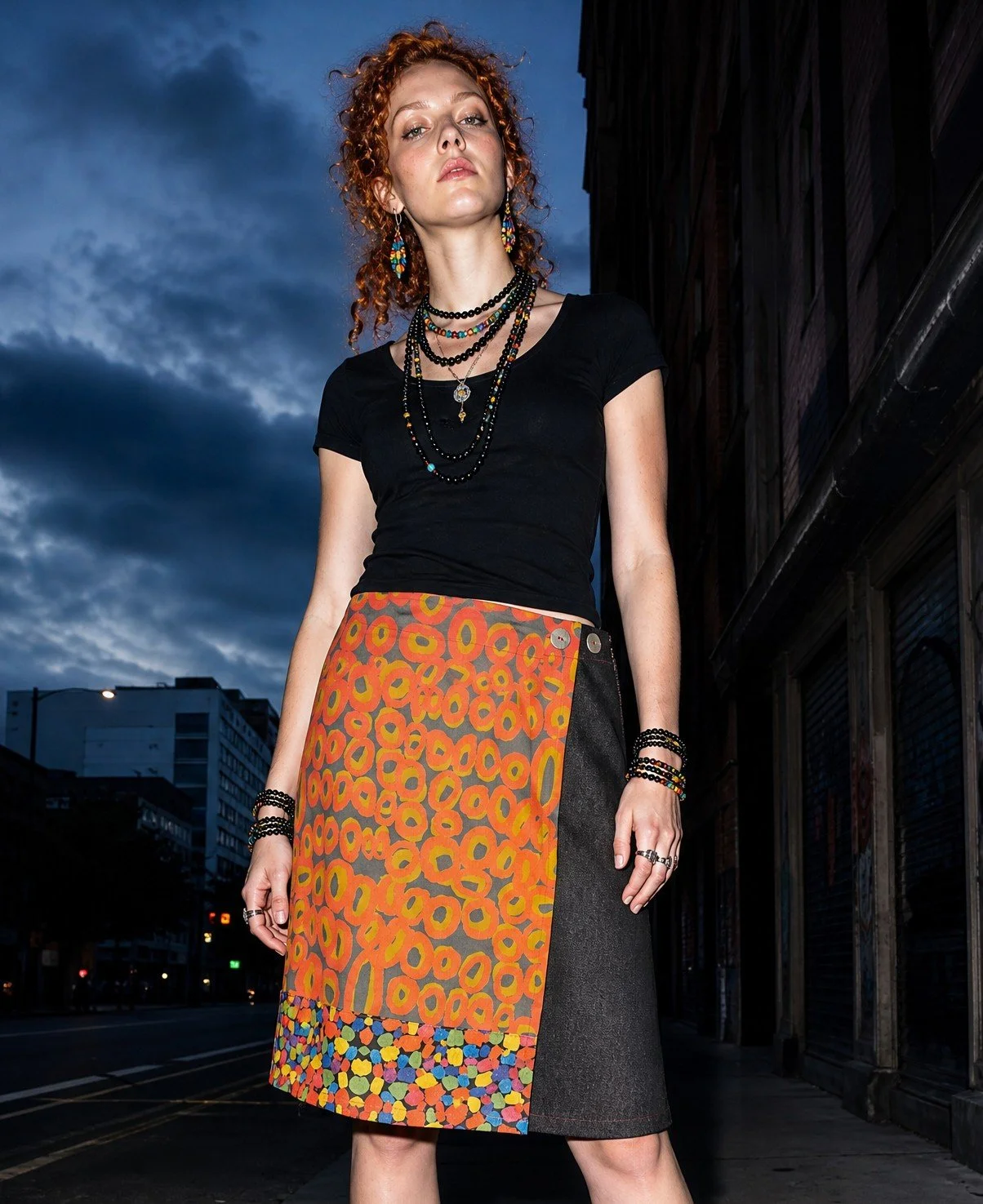 A-line Wrap Skirt - Red/gold Rockholes Ikuntji screenprint - M