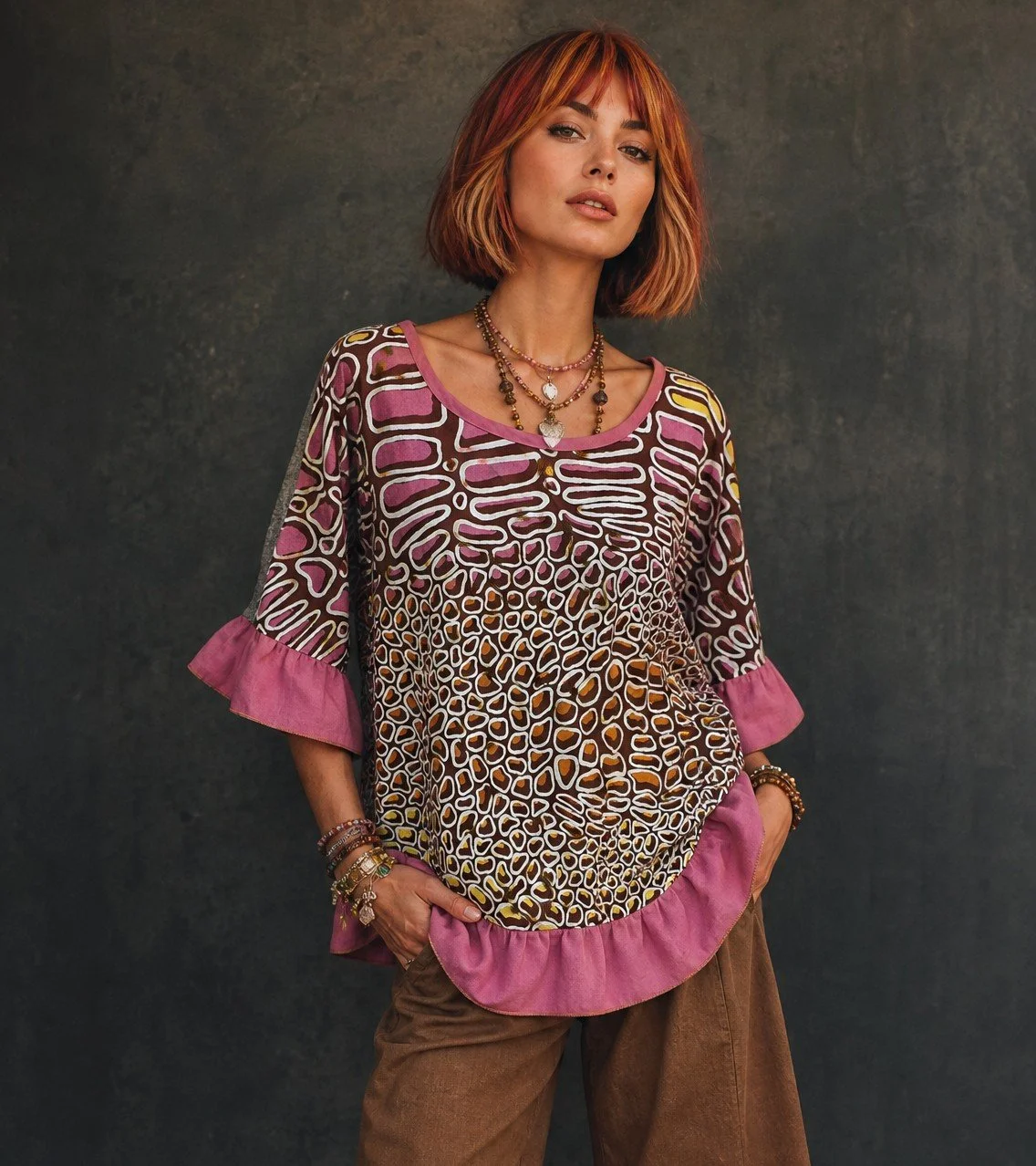 Frill top - Crocodile Skin with pink frills - M