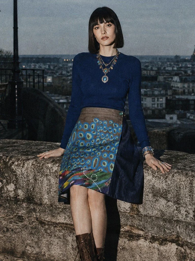 A-line Wrap Skirt - Blue Rockholes Ikuntji screenprint - S