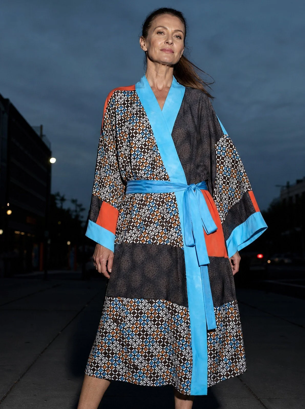 Kimono style dressing gown - aqua, brown, orange
