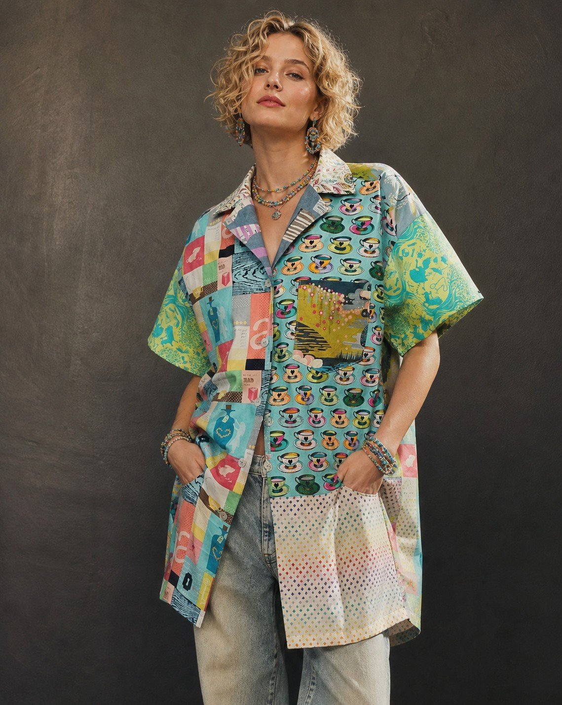 Wonderland shirt - Alice collage, teacups etc - S
