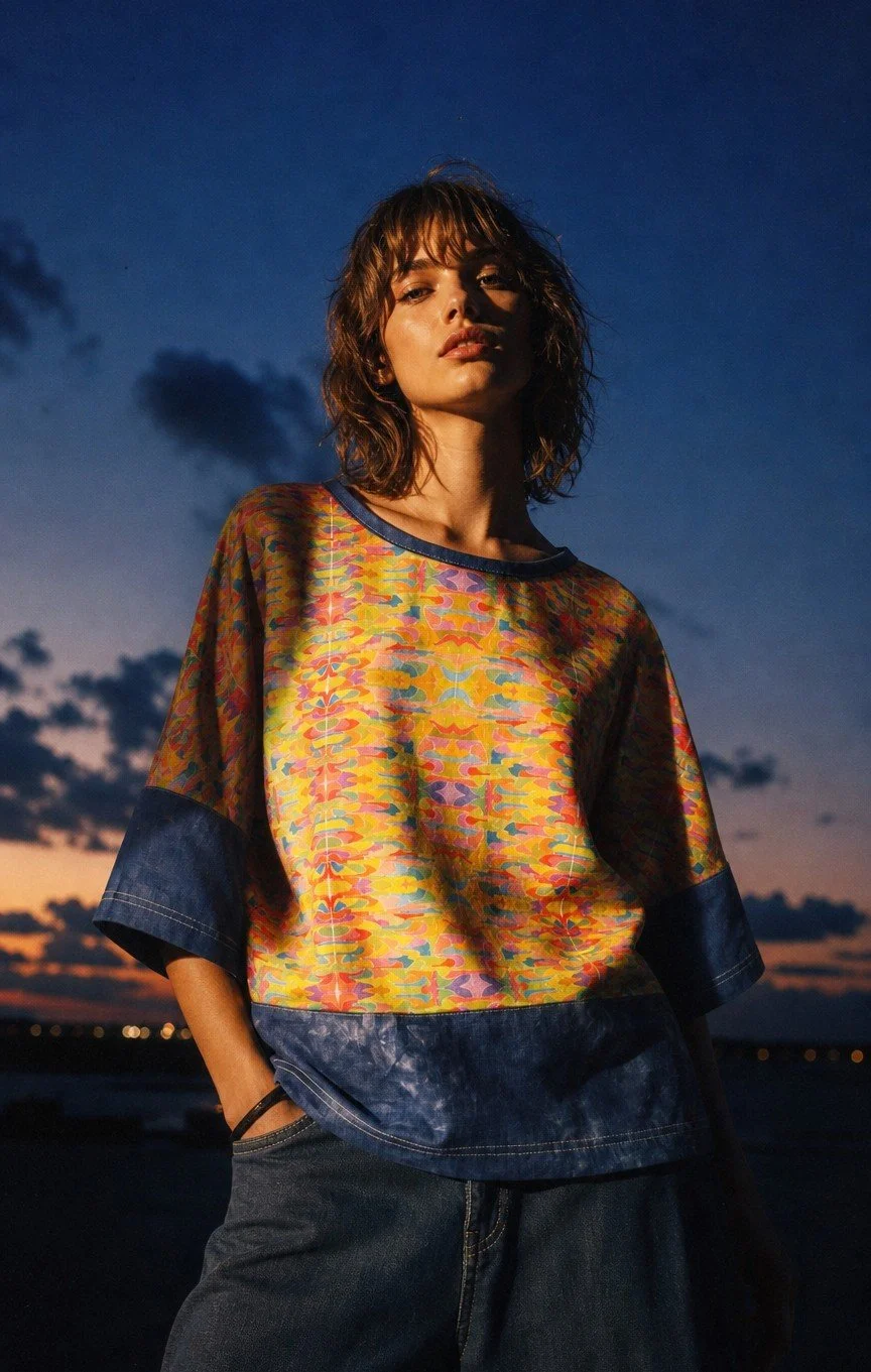Art Top - Rainbow watercolour with Indigo - S