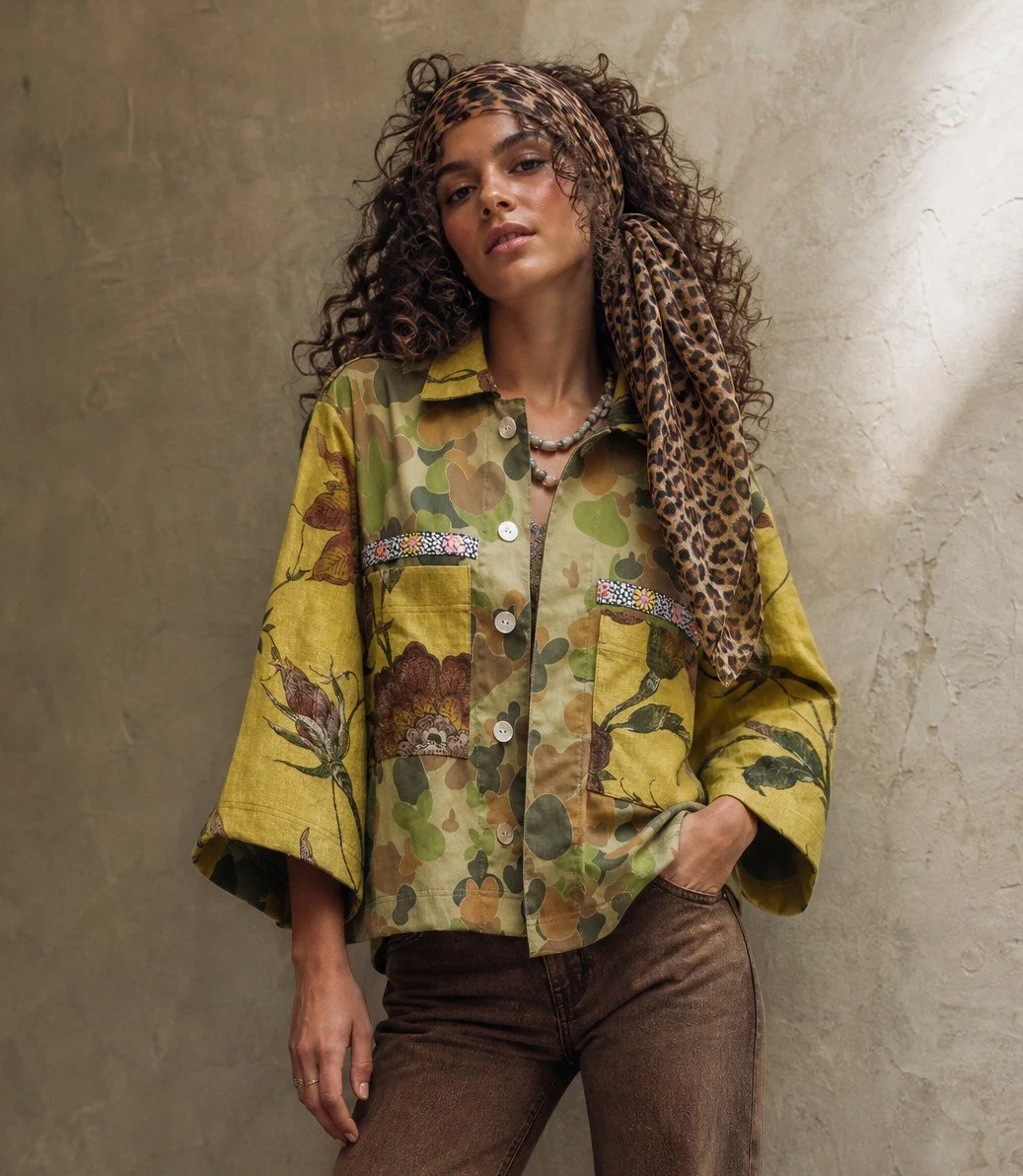 Upcycled army camo and floral linen jacket