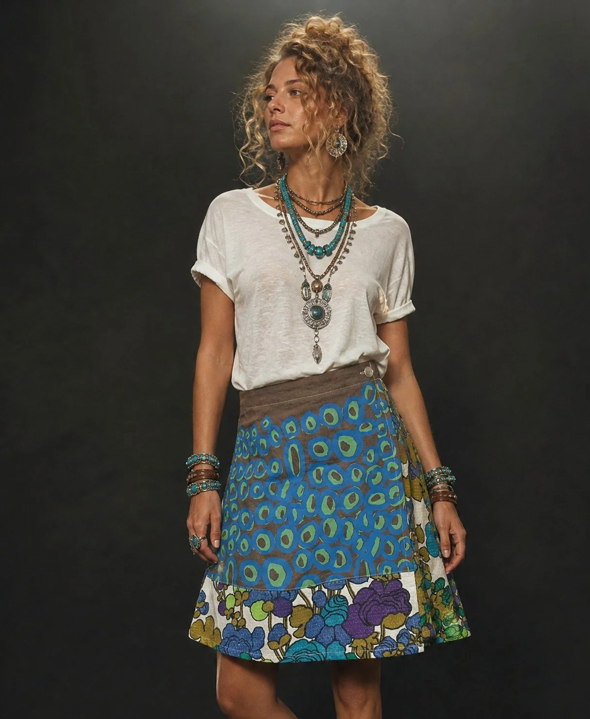 A-line Wrap Skirt- Ikuntji blue Rockholes with vintage floral - M