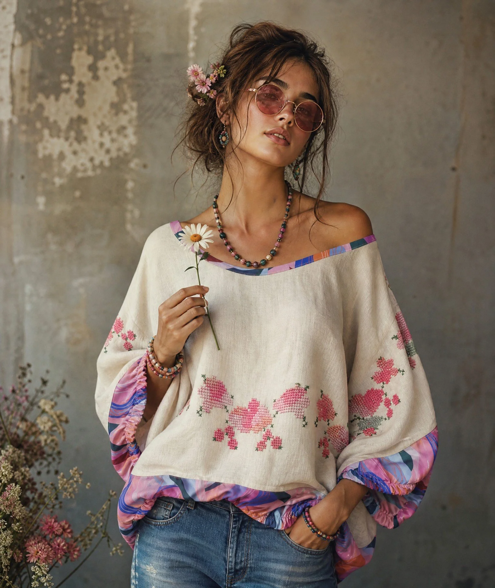 Slouchy Top Cross-stitched Linen with Floral rayon - OS