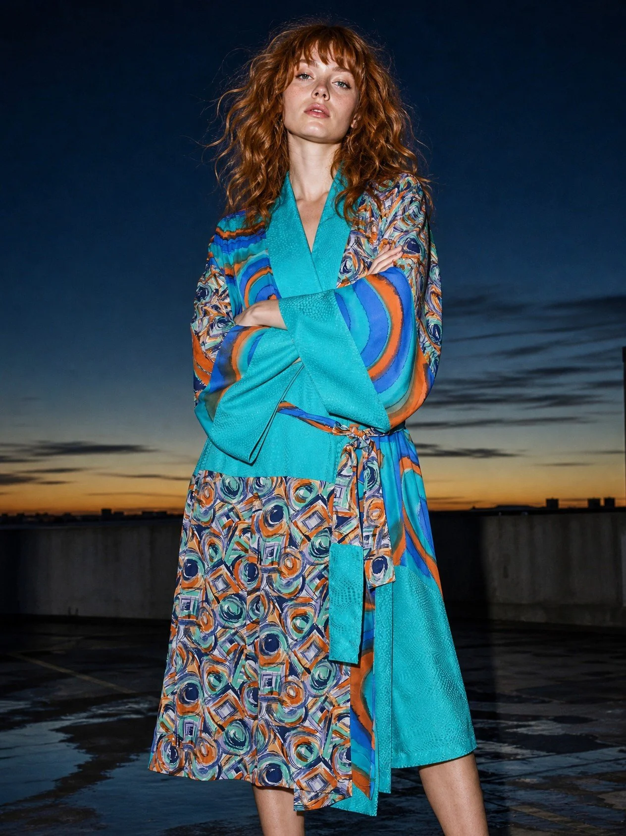 Kimono style dressing gown - teal, orange and blue