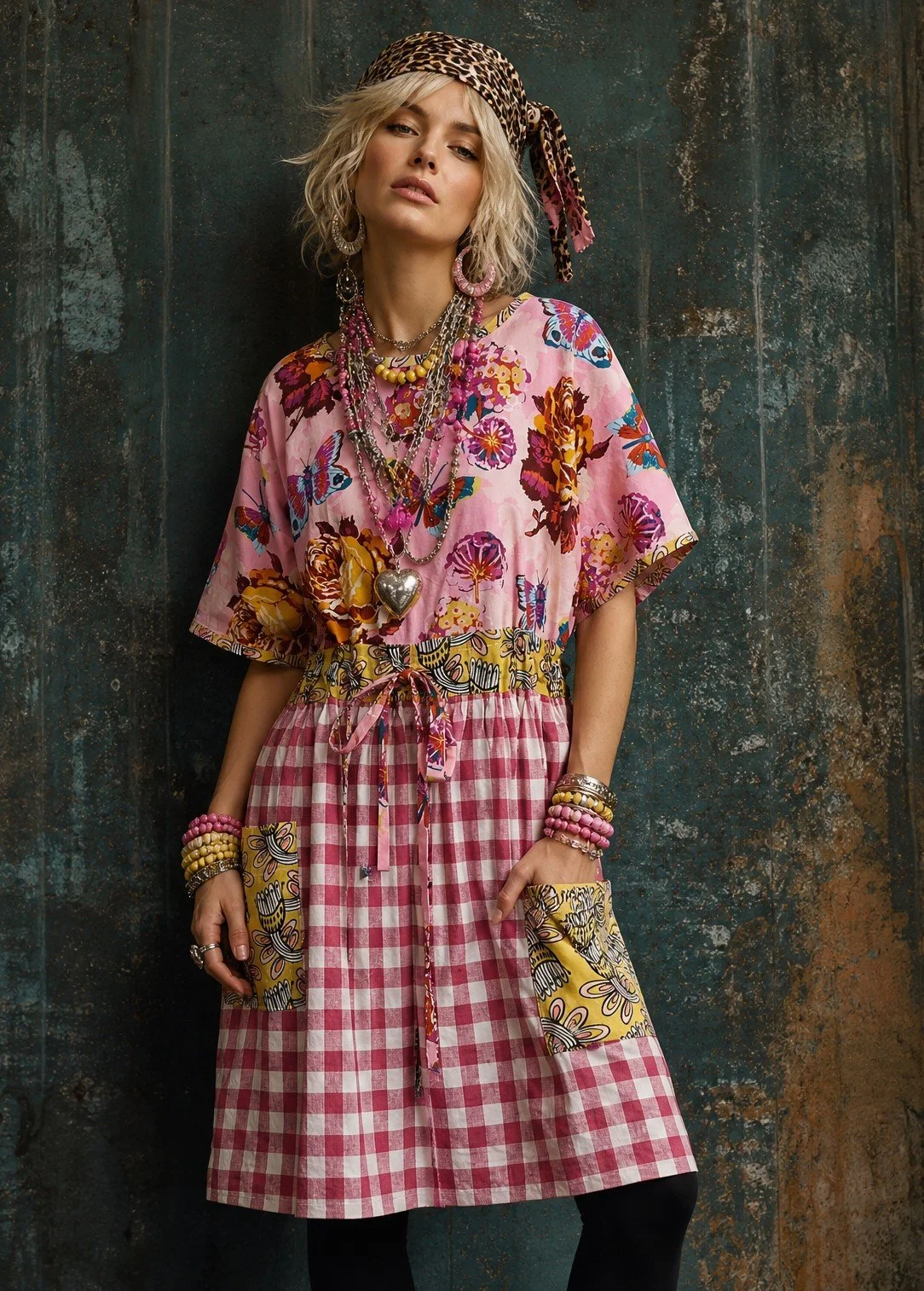 Chirky Dress - Pink floral/check - S