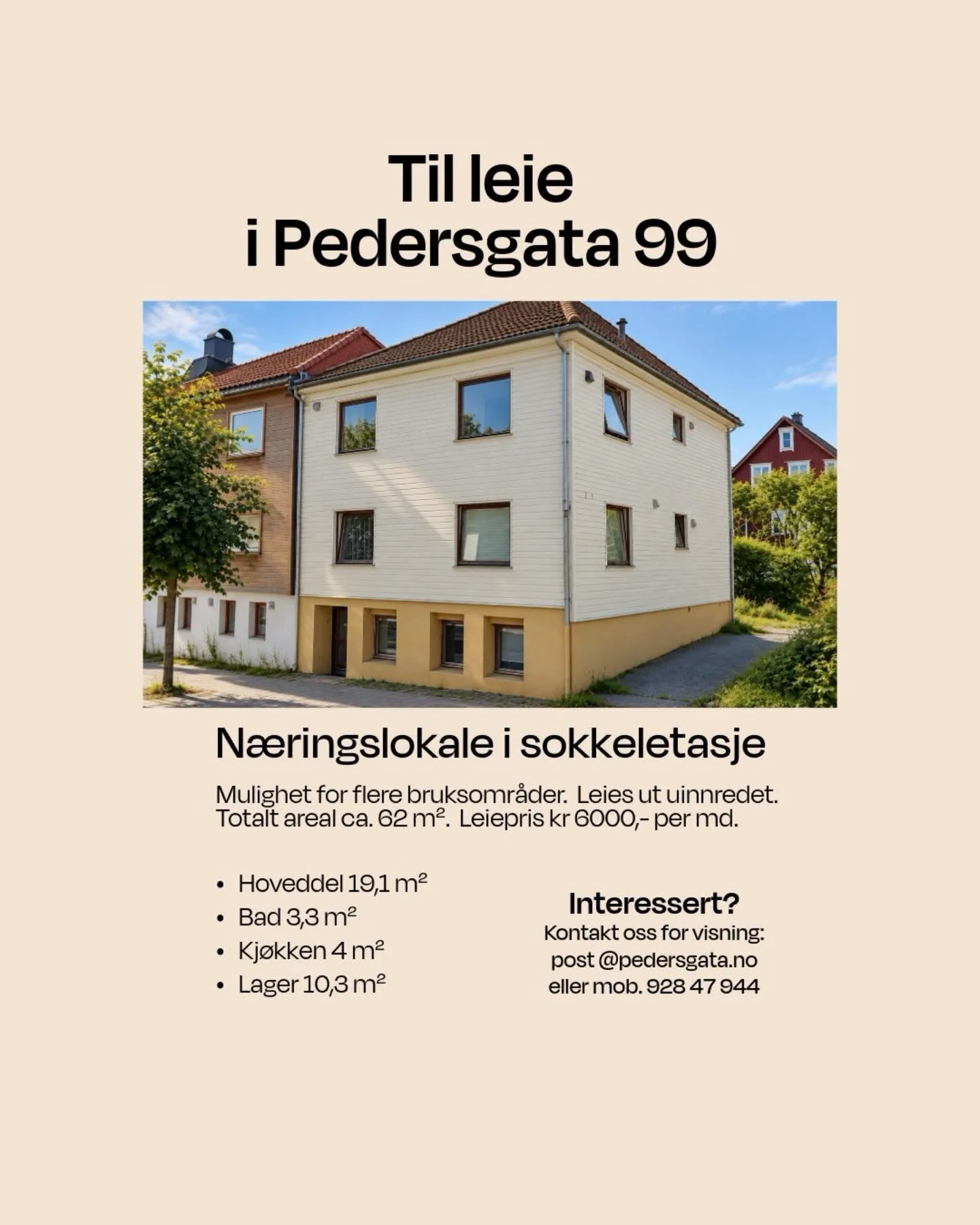 I Pedersgata 99 i Stavanger tilbys et n&aelig;ringslokale p&aring; totalt 61,9 m&sup2; i byggets sokkeletasje. 

Lokalet har et lyst og trivelig hovedrom p&aring; ca. 19 m&sup2; med flere vinduer som slipper inn naturlig dagslys.

Her ligger forholde