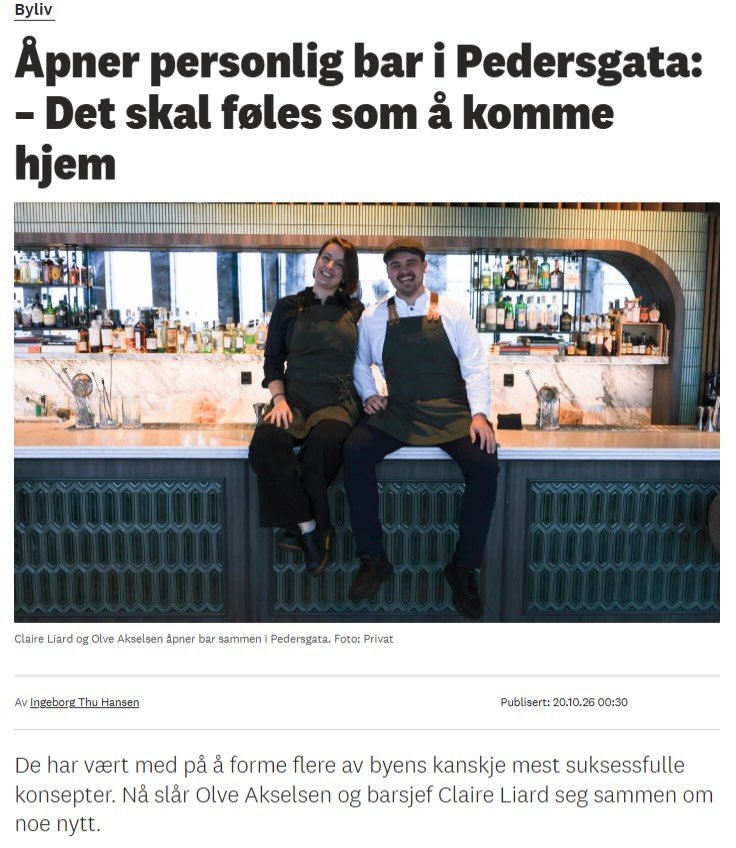 NY BAR UNDERVEIS! 🎉
- Vi &oslash;nsker at folk skal komme som de er, og m&aring;let er at gjestene skal kunne komme som der er og f&oslash;le seg hjemme og avslappet, sier Claire Liard og Olve Akselsen som skal drive baren.

N&aring; er det bare &ar