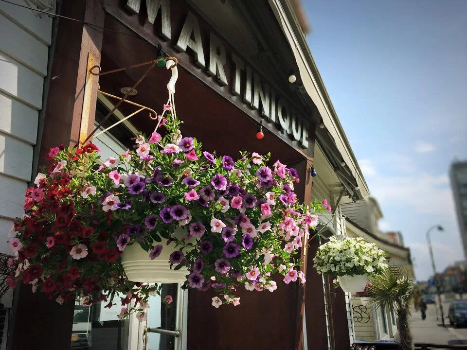 Blomsterkasser med lilla, rosa og hvite blomster utenfor en butikk i en by, under et tak med en skilt som sier 'WARRANTY'.