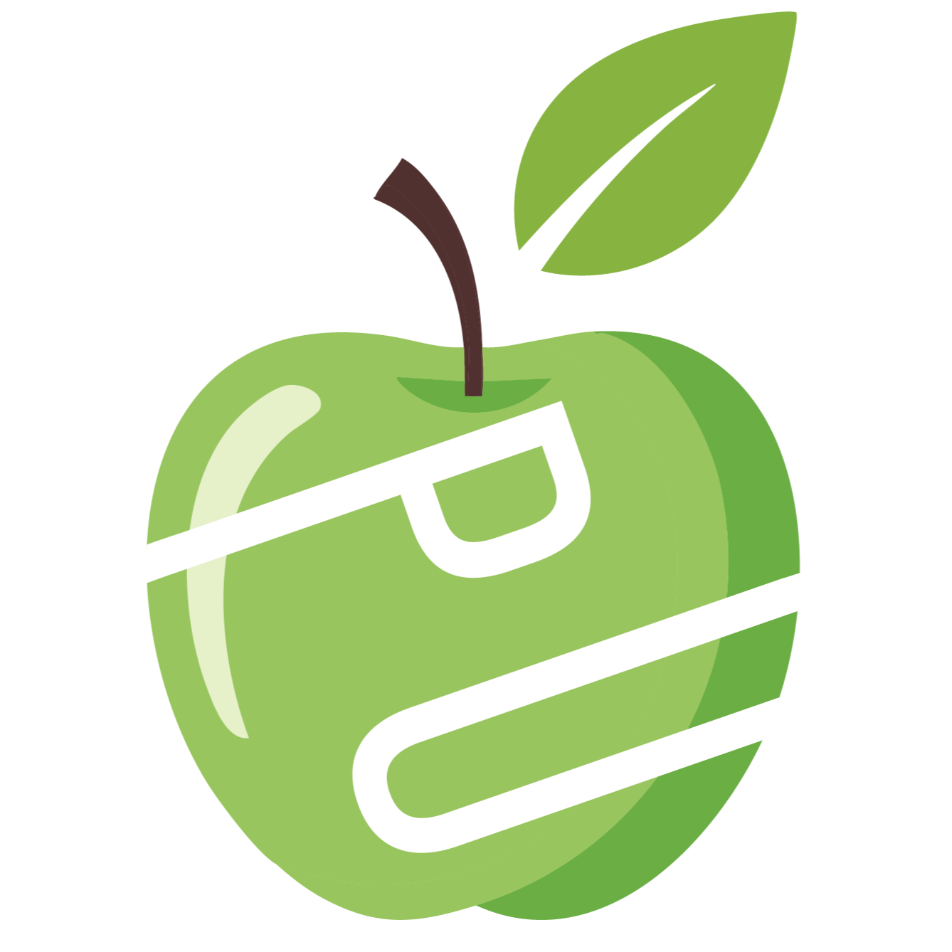 En grønn eple med hvit logo og et lite blad på toppen.
