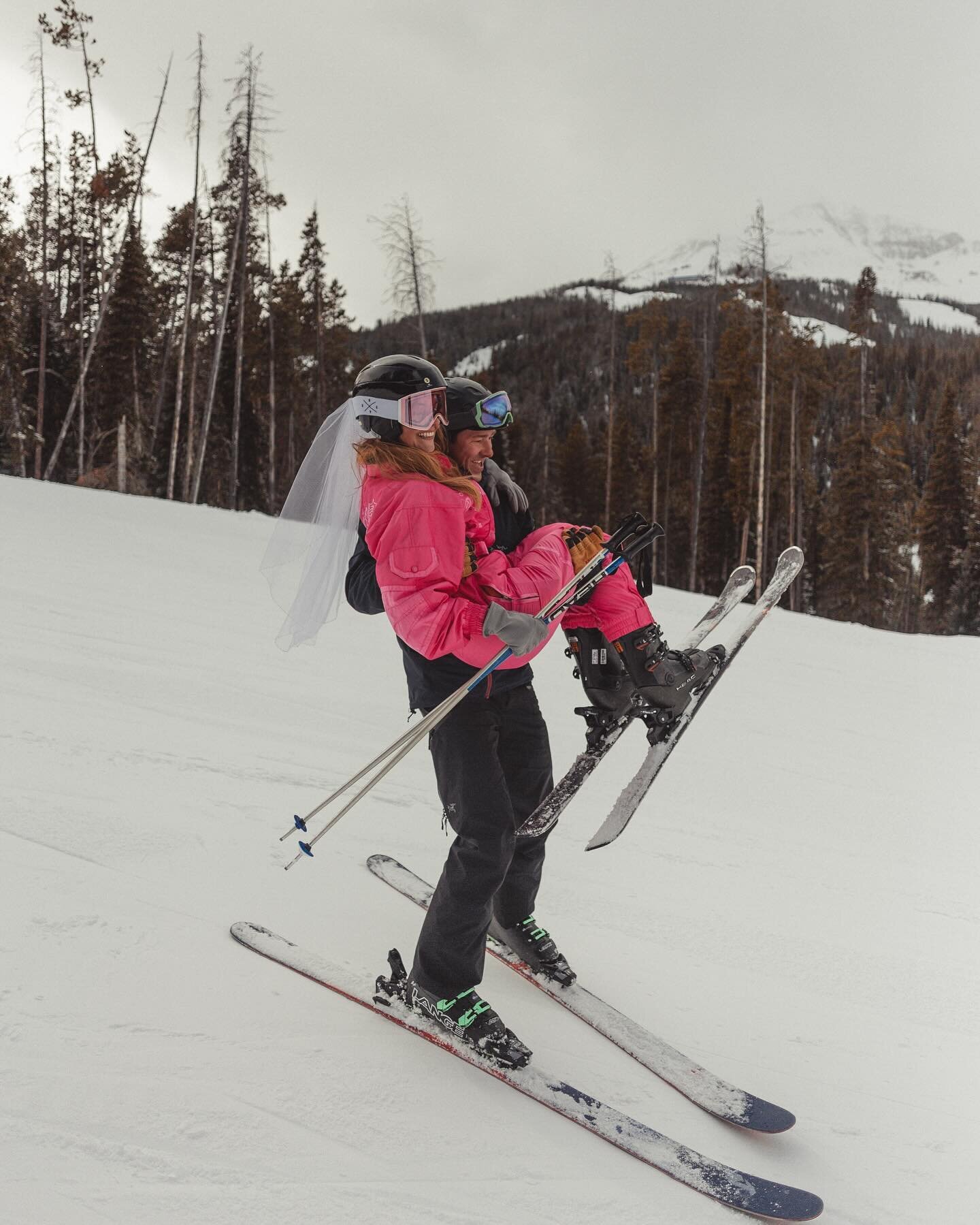 Toppy &amp; Colin, married at @bigskyresort on 3/21/24. Toppy&rsquo;s mom got married in the same ski suit in Colorado in the early 90&rsquo;s.