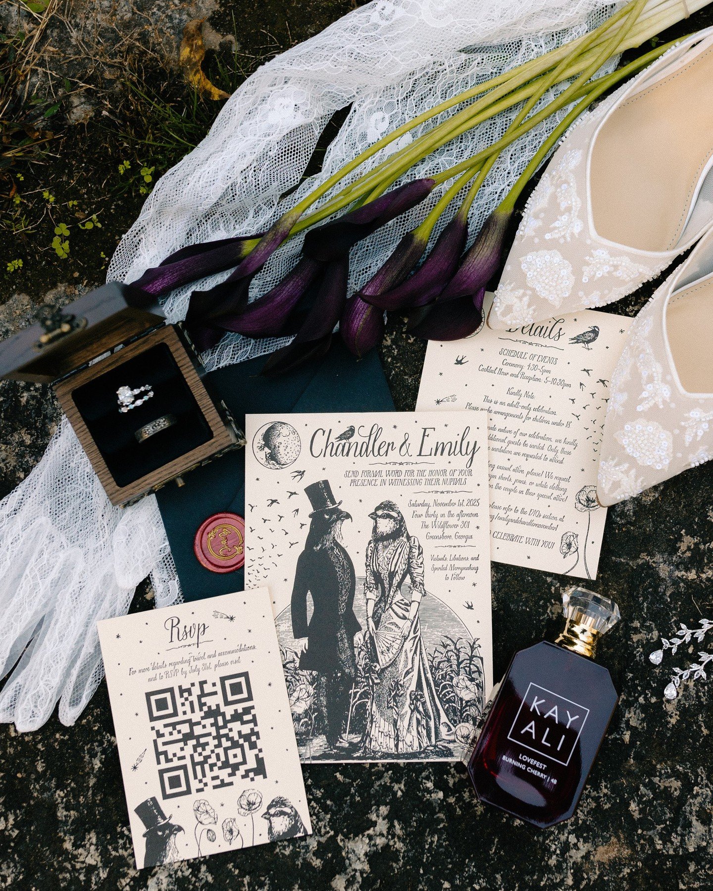 the most gothic &amp; moody celebration for e + c 🌙⛲️

vendor team:
coordinator: @langleyeverafter
venue/catering: @thewildflower301
photographer: @wildheartvisuals
cake: @bakedbyave
cookies: @chipcookies_kennesawga
dj: @ptpweddingdj
hair: Carly Pat