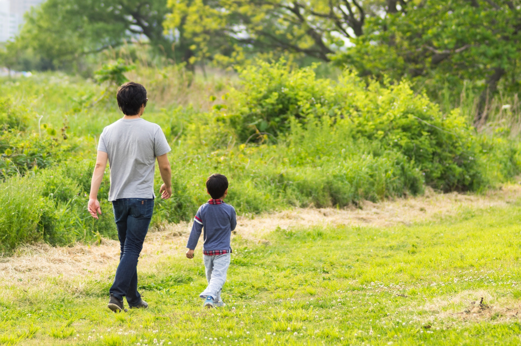 Parent and young child walking together along a grassy path outdoors, seen from behind.