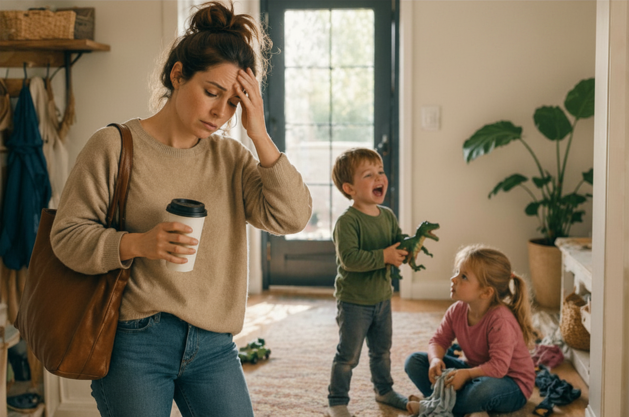 A tired mother holding a coffee cup stands in a hallway while two children play nearby, with toys scattered on the floor.