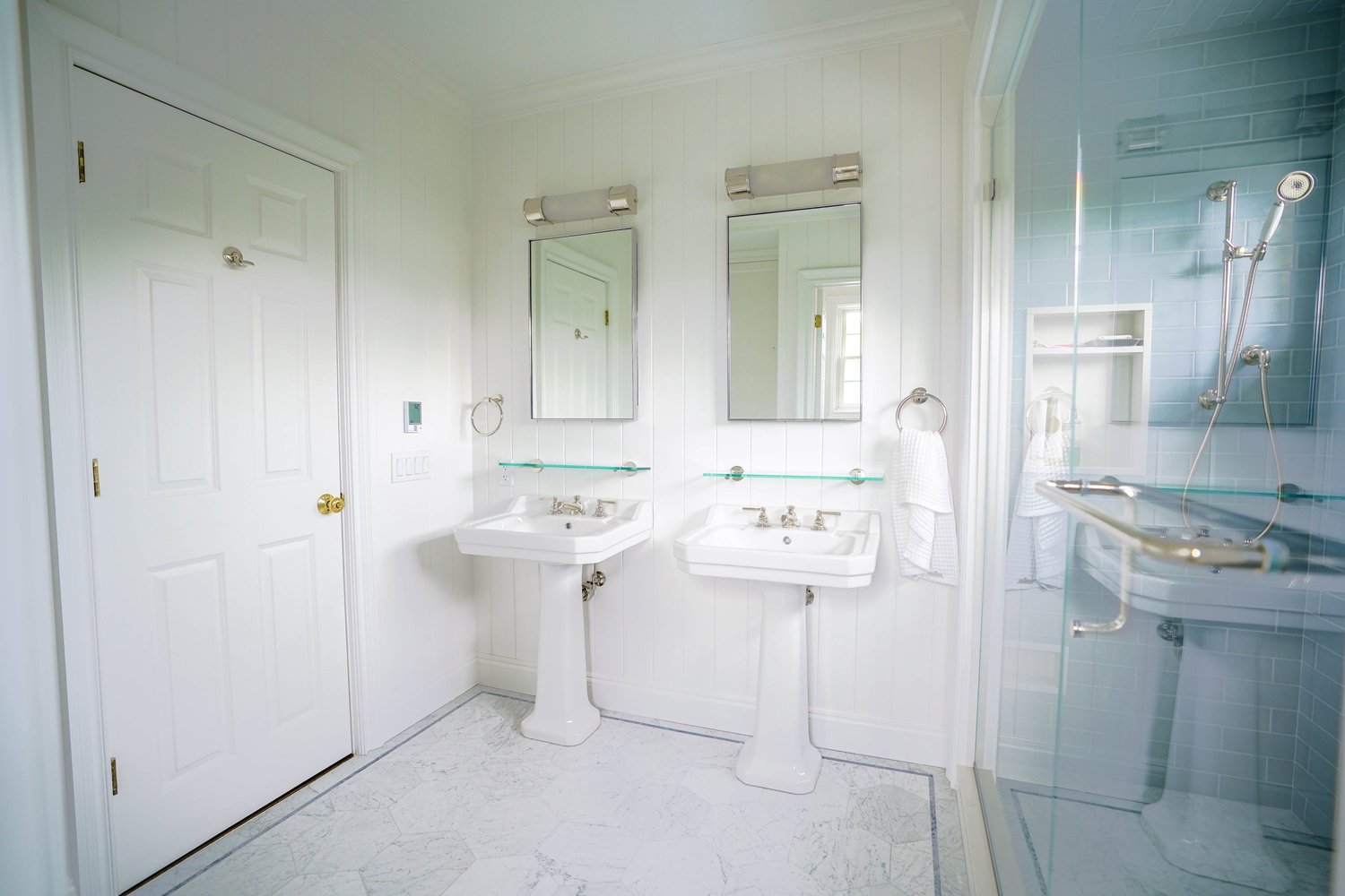 Blue Tile Bathroom & Glass Shower — photograph 2
