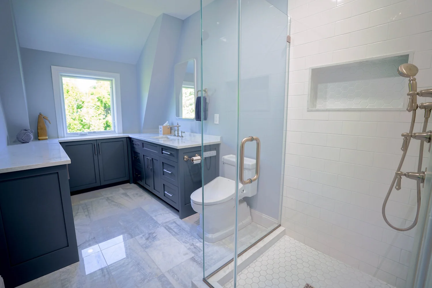 Navy Vanity Bathroom & Walk-In Shower — photograph 2