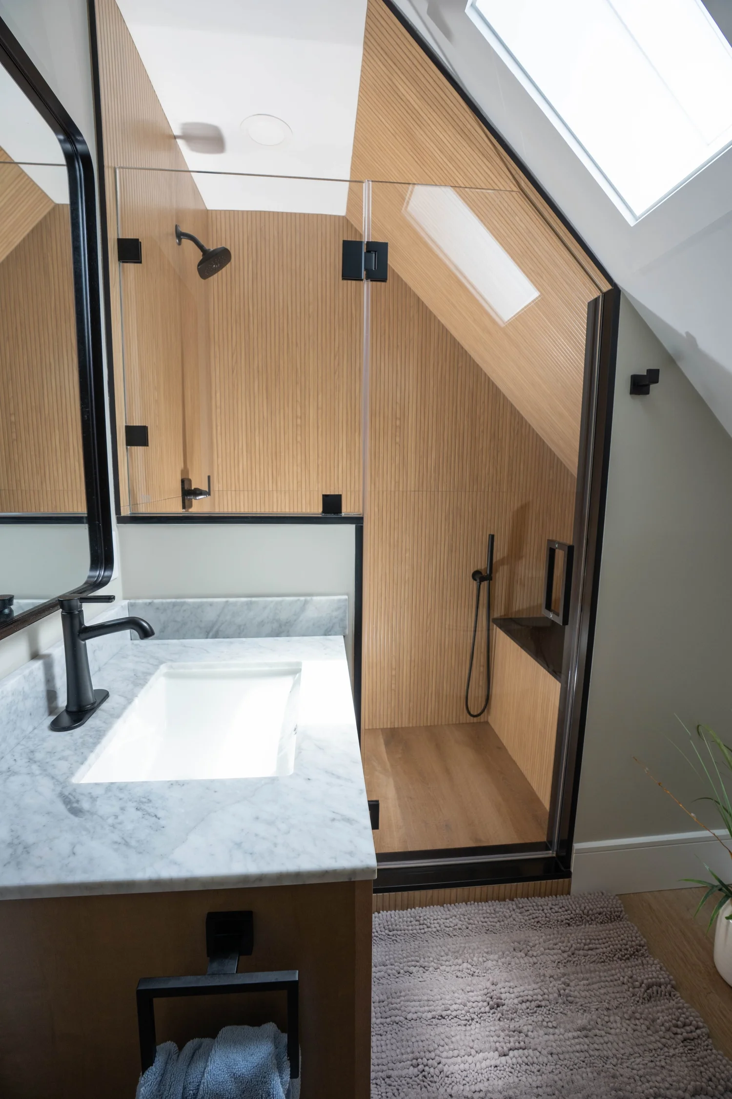 Wood-Tone Shower & Skylight — photograph 3