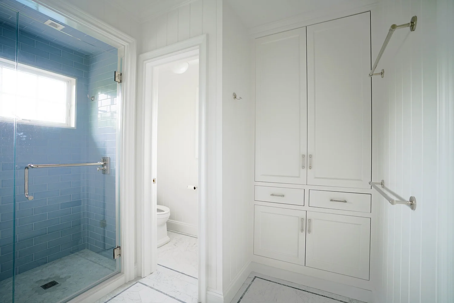 Blue Tile Bathroom & Glass Shower — photograph 3