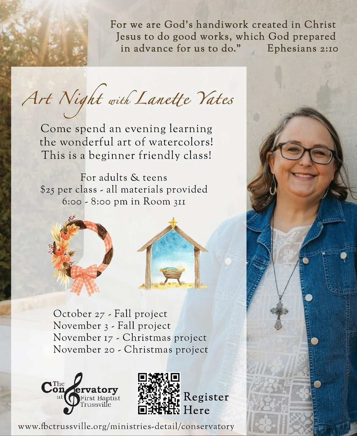 Our first Conservatory class is this Monday night 10/27!  We will be painting this beautiful fall wreath!  Join us!! Get your ticket at https://www.fbctrussville.org/events/art-night-with-lanette-yates