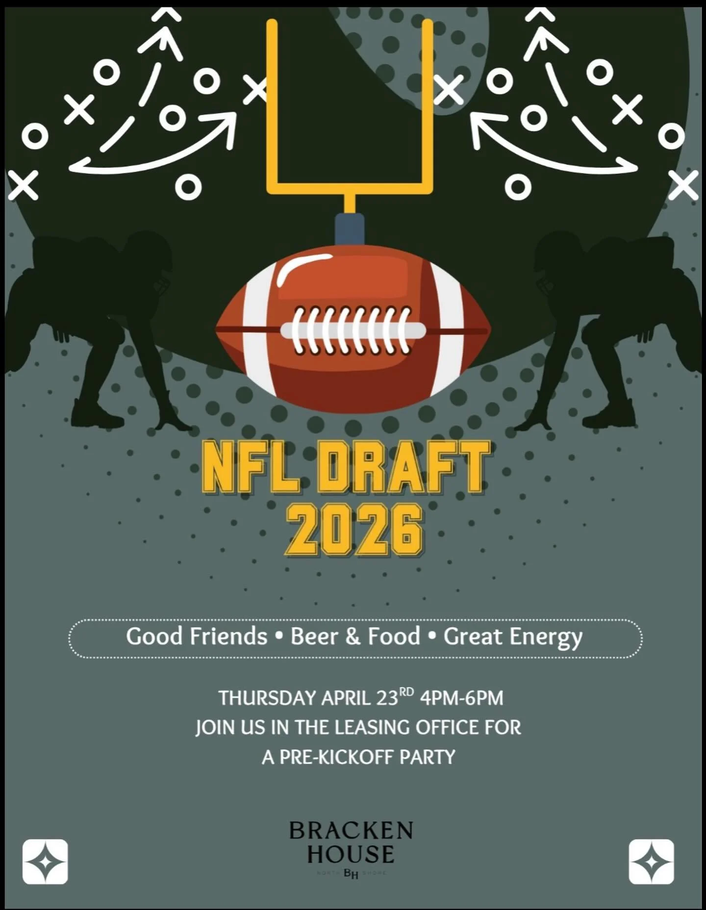 Join us on Thursday April 23rd for the 2026 NFL Draft pre-watch party! Come hangout in the clubhouse from 4PM-6PM &amp; enjoy light appetizers, alcoholic beverages, and great company! 

Bring your friends, rep your team, and get ready for an exciting