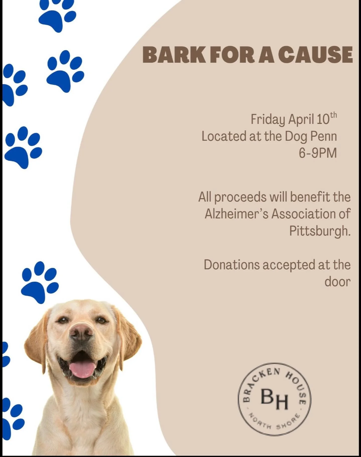 🐾 Bark for a Cause 🐾

Join the Dog Penn in the Strip District on Friday April 10th from 6-9PM!  Bring your furry friends and enjoy an evening full of fun, community and purpose. ✨

All proceeds will go to support the Alzheimer&rsquo;s Foundation. 
